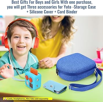 Hard Case Compatible with Yoto Mini (2024 Edition), 3-in-1 Travel Bundle: Silicone Cover + Case with Shoulder Strap (Fits Mini Player & Headphones) + Up to 10 Card Holder for YOTO Cards (Blue)