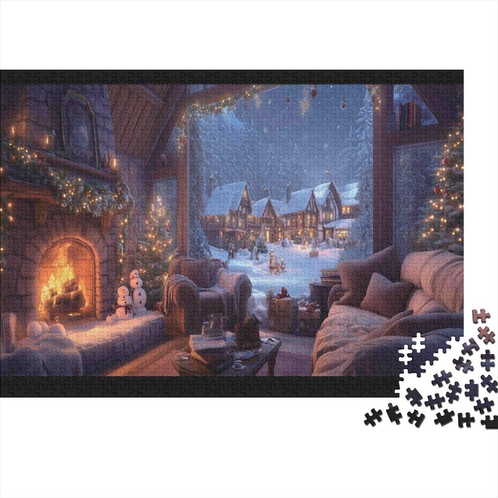 Cozy Fireplace Christmas Cottage 1000 Piece Jigsaw Puzzle Paper for Adults Winter Snowy Scene Relaxing Home Decor 52x38cm/1000pcs