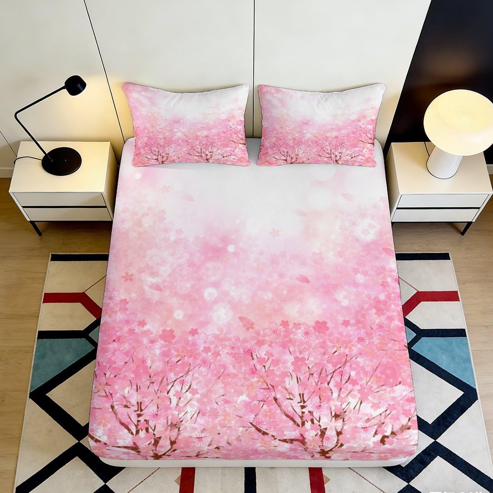 3D Printed Sakura Blossom Fitted Sheet Microfiber Soft Pink Flower Mattress Cover for Bedroom Guest Room Decor 90x200x25cm
