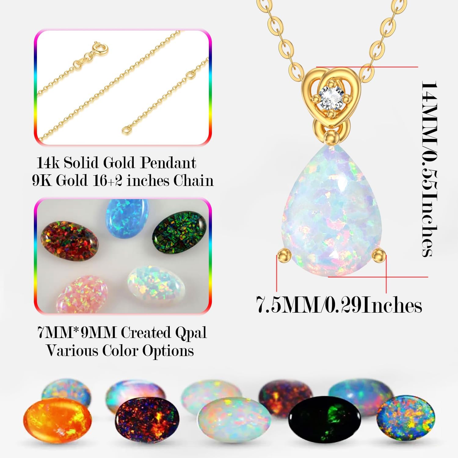 14k Yellow Gold Pear Opal Necklace for Women,2 Carat 7MM*9MM Teardrop Created October Birthstone Pendant Anniversary Birthday Mother's Day Christmas Necklaces for Her 16+2 inch