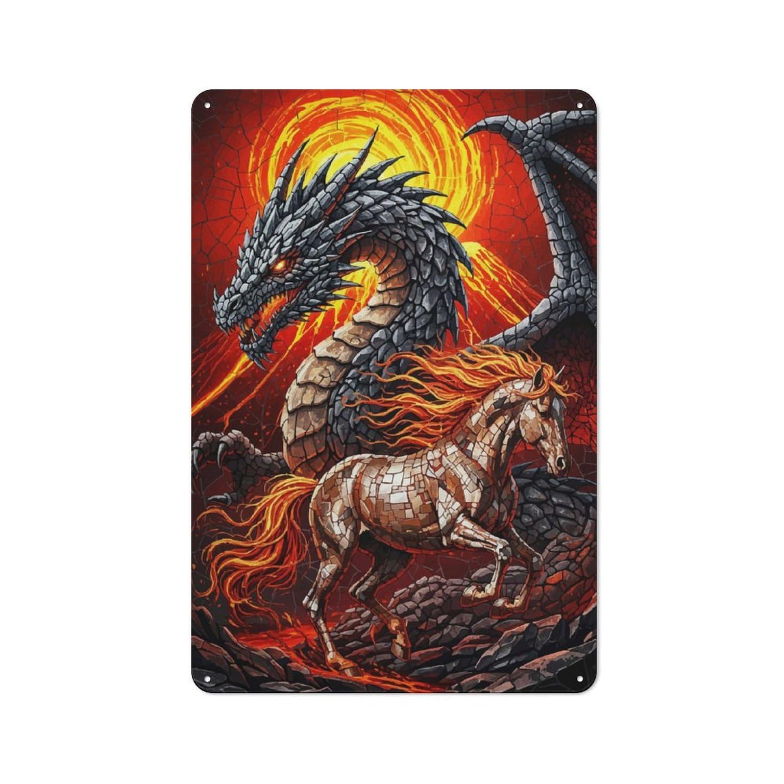 Junmoney Style-11 Cottage Style Dragon And Horse Fiery Landscape Decorative Tin Sign 30X20cm, Rustic Kitchen Decor For Kitchen, Cottage, Porch Or Garden Room