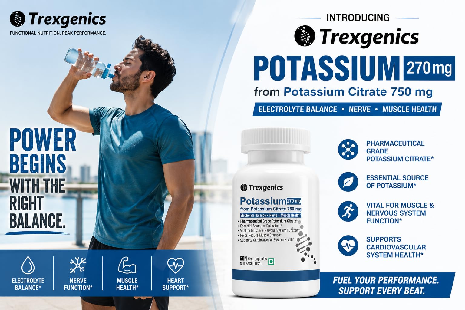 Trexgenics POTASSIUM CITRATE 750 mg Pharmaceutical Grade Electrolyte Balance, Nerve & Muscle Health VEGAN & NON-GMO (60 Vcaps) (Pack of 1) 1