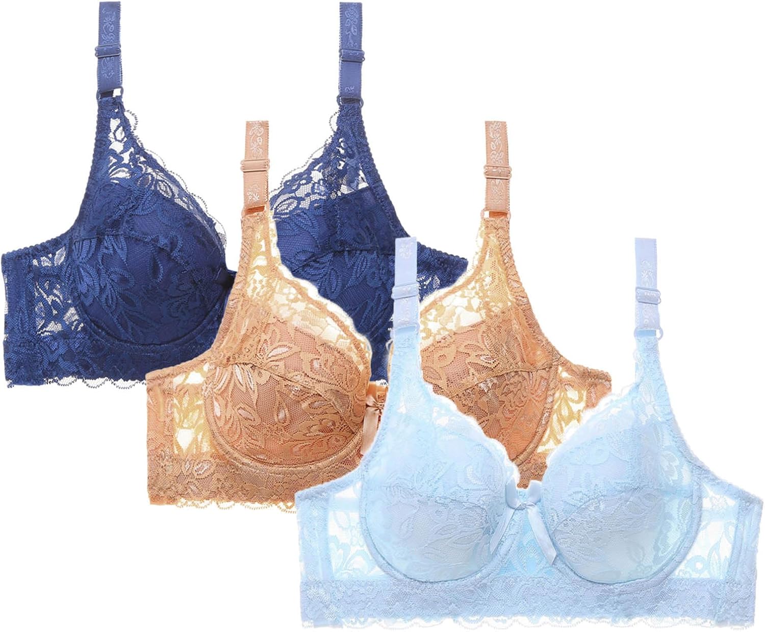3 Piece Lace Bras for Women Ladies Underwired Gathered Bra Comfy Impact Support Bras Lingerie with Adjustable Straps