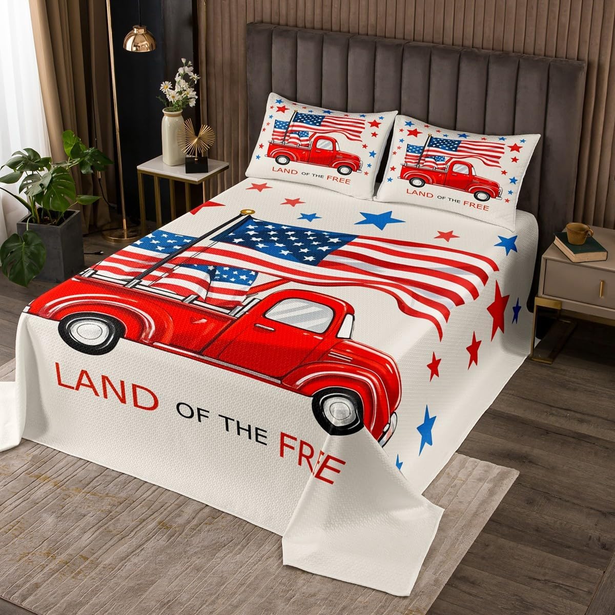 jejeloiu Independence Day Bedspread 3 Pieces King Size American Flag Coverlet Set Soft Cozy 4th of July Lightweight Quilted Coverlet for All Season with 2 Pillowcases Patriotic