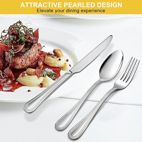 Miniatura 3 de Juego de cubiertos dorados para 4 unidades, juego de cubiertos de acero inoxidable E-far con borde perlado, incluye tenedores, cucharas y cuchillos,