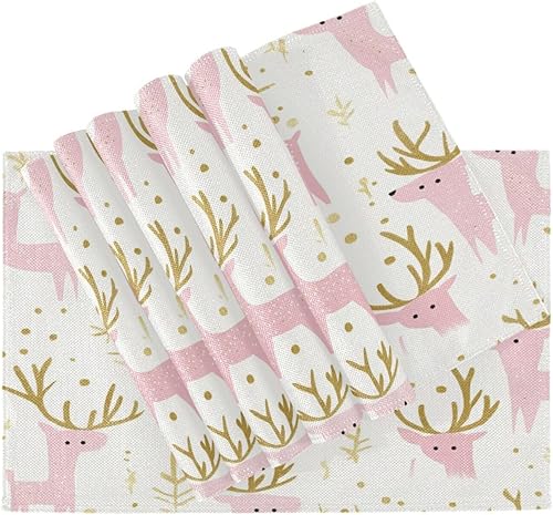 Miniatura 4 de Manteles individuales de tela lavable de PVC dorado melocotón dorado Navidad de alce juegos de 6 12 x 18 para mesa de comedor elegantes