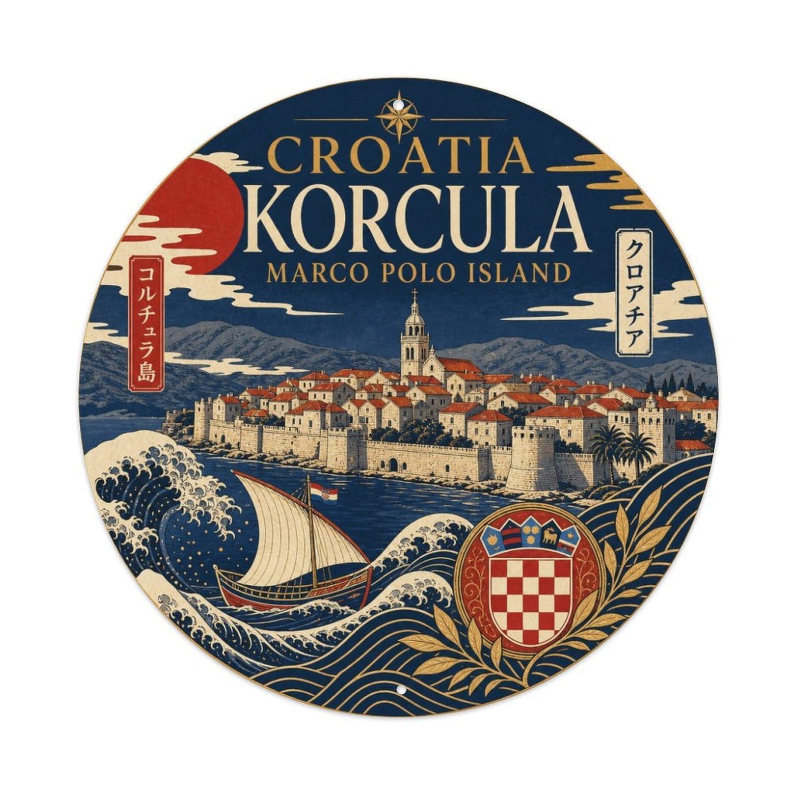 Korcula Medieval Island Croatian Woodblock Travel Metal Tin Sign Plaque Wall Decor for Cafe, Man Cave, Club Bar, Office, Home Garden Round Metal Poster 8x8Inch