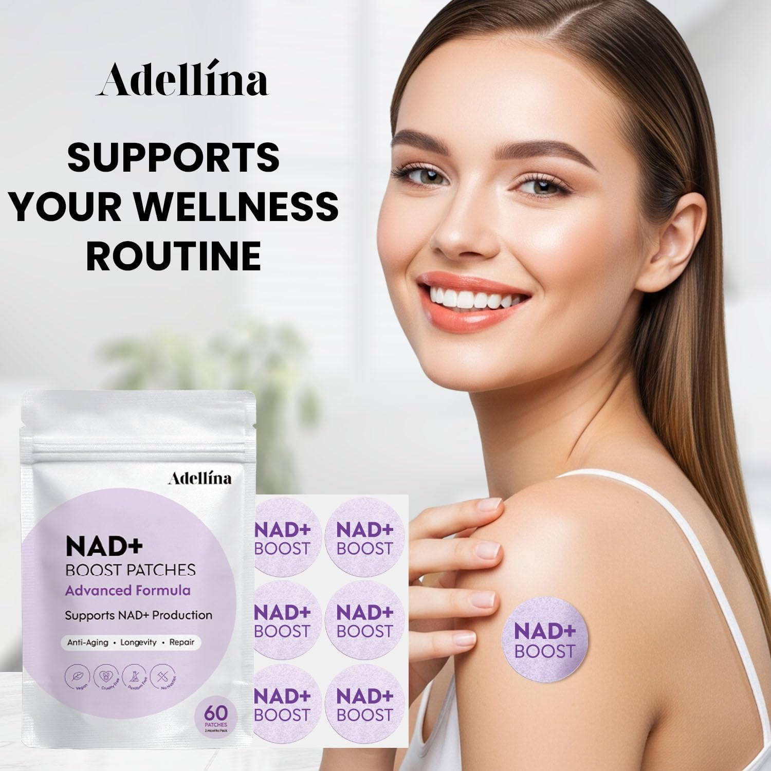 Adellina NAD+ Patches for Women 60 Count: Advanced Formula with NMNH Nicotinamide Coq10-2 Months Pack
