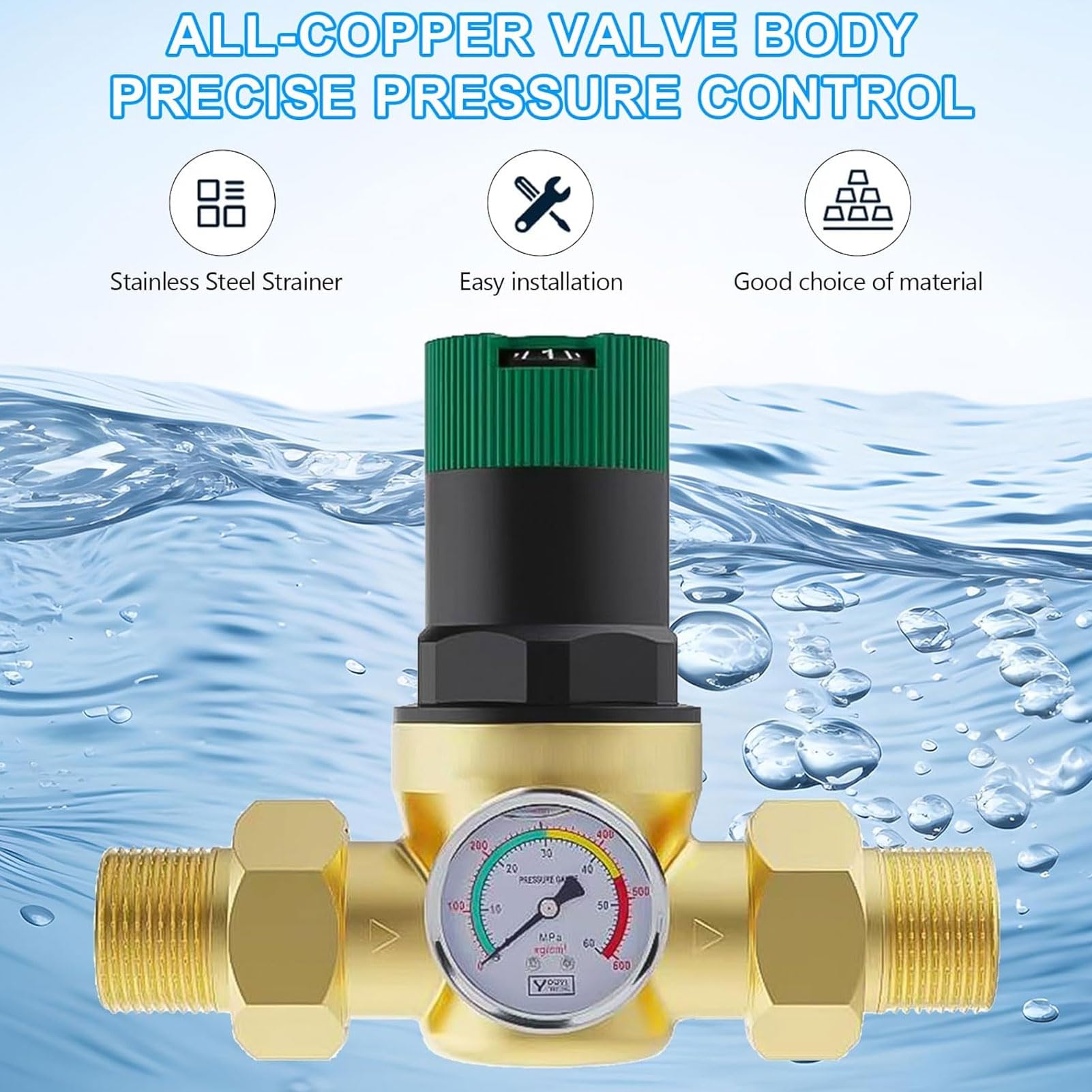 Regulator Ciśnienia Wody z Wskaźnikami Ciśnienia, Regulator Ciśnienia z Mosiądzem 0-60MPA Reduktor Ciśnienia Wody Mosiężnej dla Kranu Grzejnika (3/4 cala (DN20))