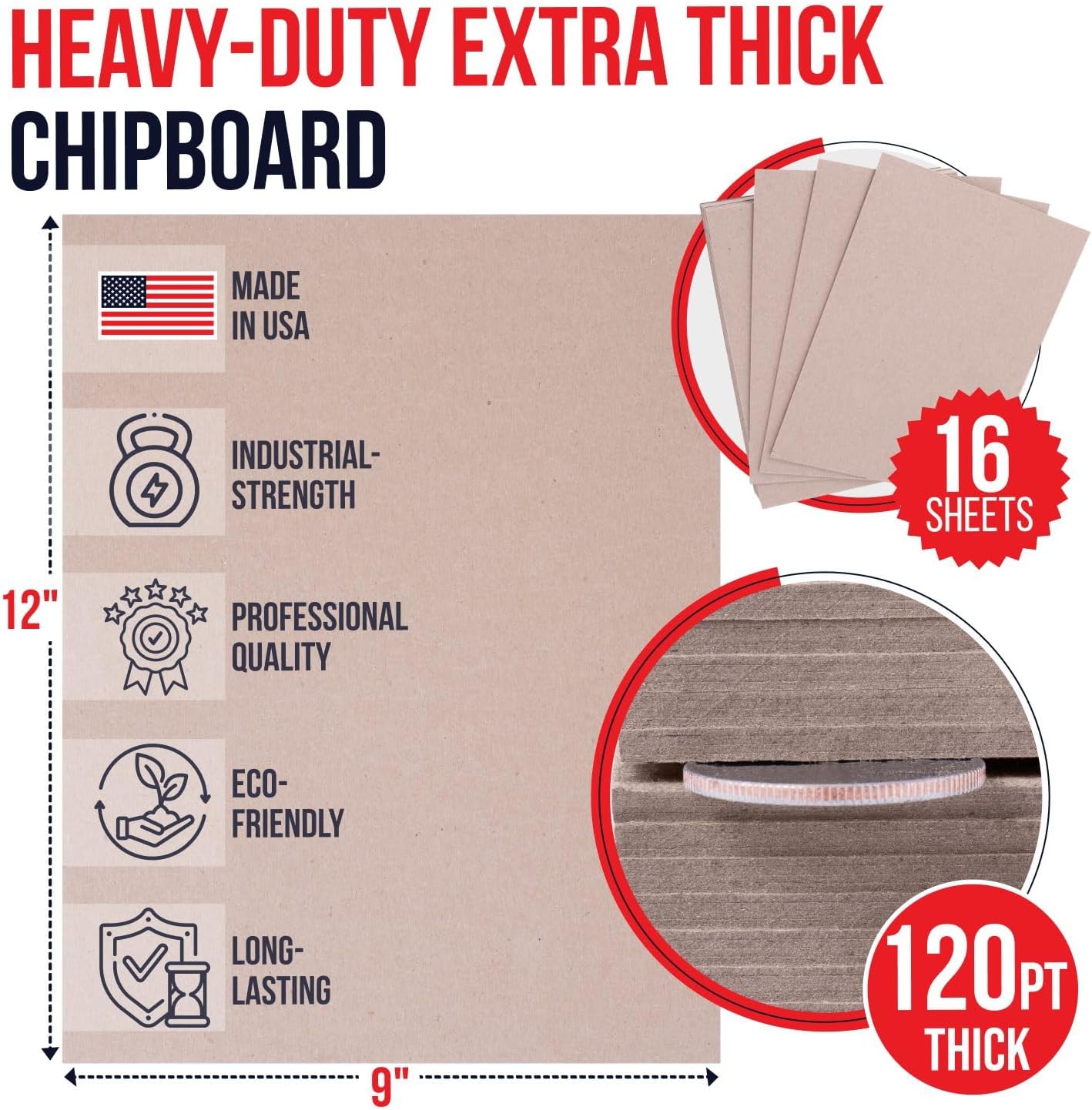 9" x 12" Brown Kraft Pasted Chipboard Sheets, 0.120 Pt – Made in USA Heavy-Duty Extra Thick Cardboard Chipboard (Bundle of 16) – Durable Chipboard for Picture Frame Backing, Book Covers