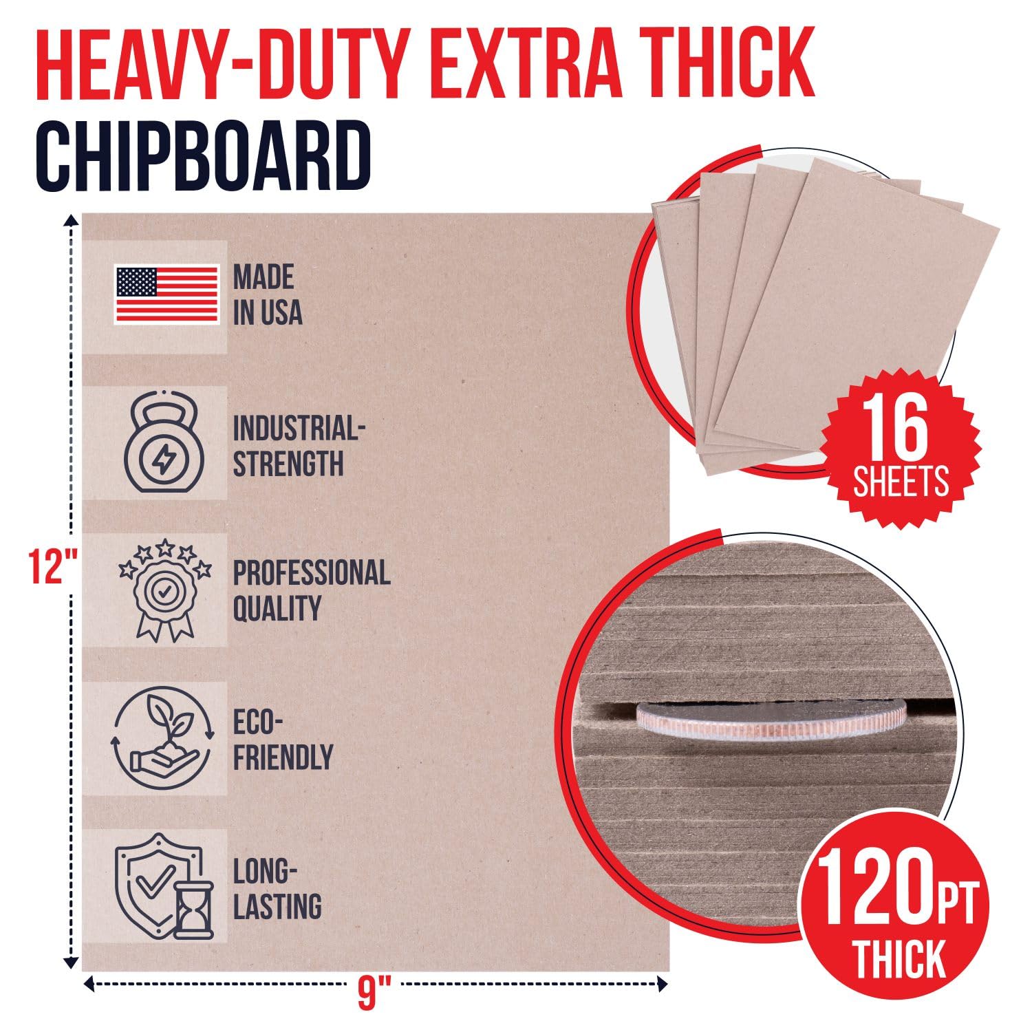 Paclord Hojas de aglomerado de papel kraft marrón de 9 x 12 pulgadas, 0.120 puntos, fabricado en Estados Unidos, aglomerado de cartón extragrueso de alta resistencia (paquete de 16), aglomerado