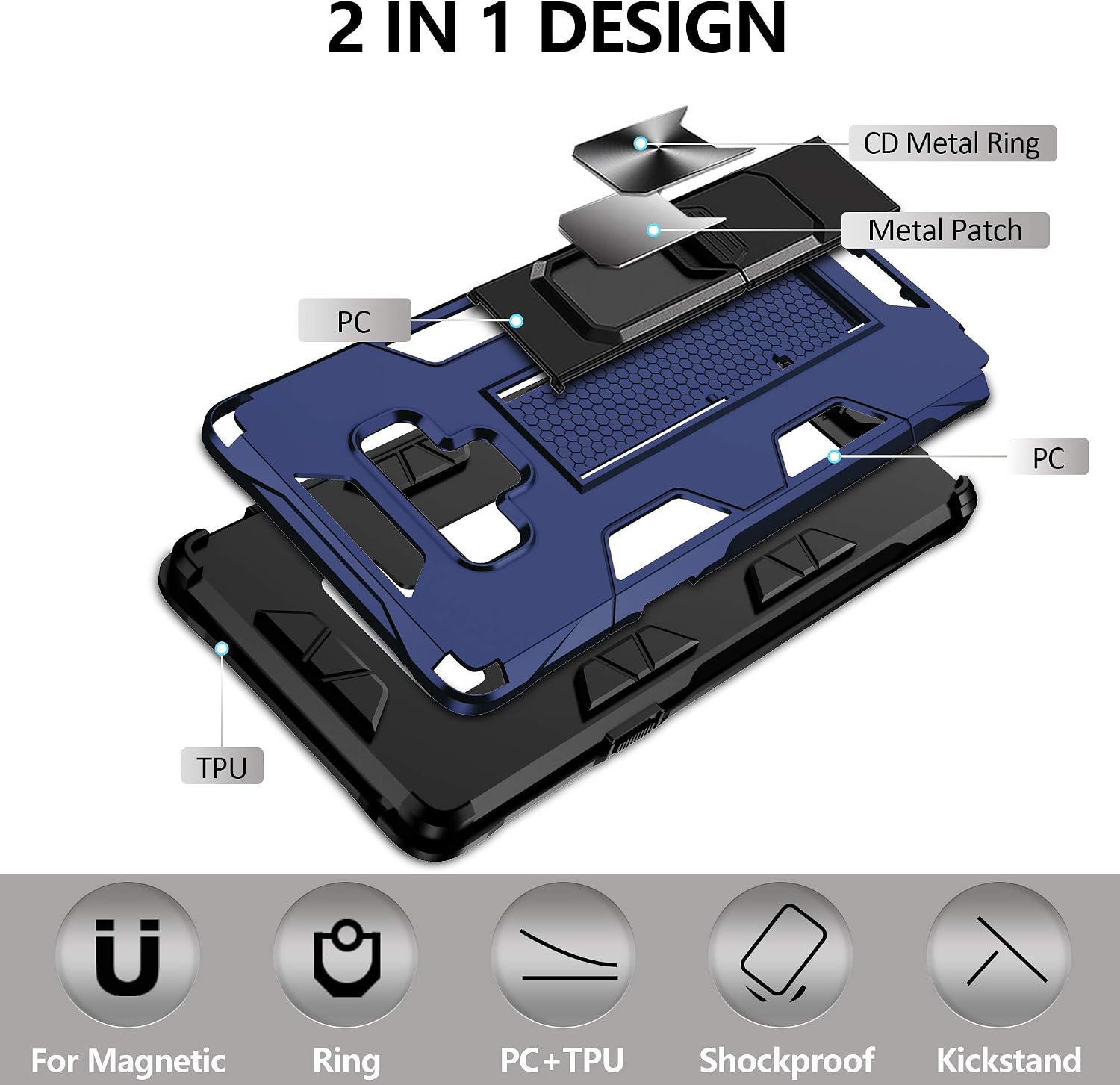 Compatible for Samsung Galaxy Note 9 Case with HD Screen Protector, Gritup Military Grade Dual Layer Protective Shockproof Cover Built-in Magnetic Kickstand Phone Case for Samsung Note 9, Blue