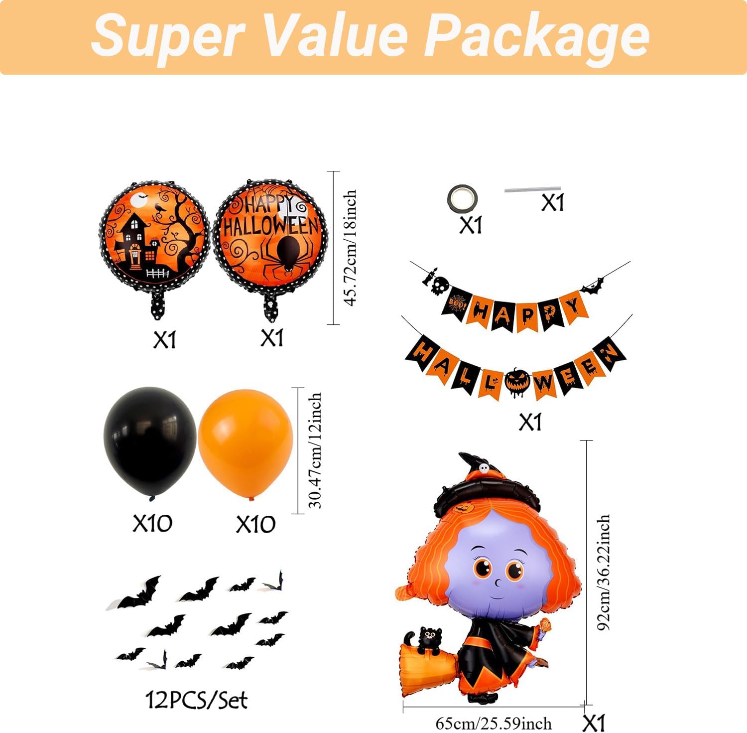 Spooky Halloween Party Decorations Kit - 38 Piece Halloween Balloons with 33 Inch Witch Foil Balloon, Banner & Bat Stickers | Ideal for Indoor/Outdoor Party Supplies & Trunk or Treat Decorations
