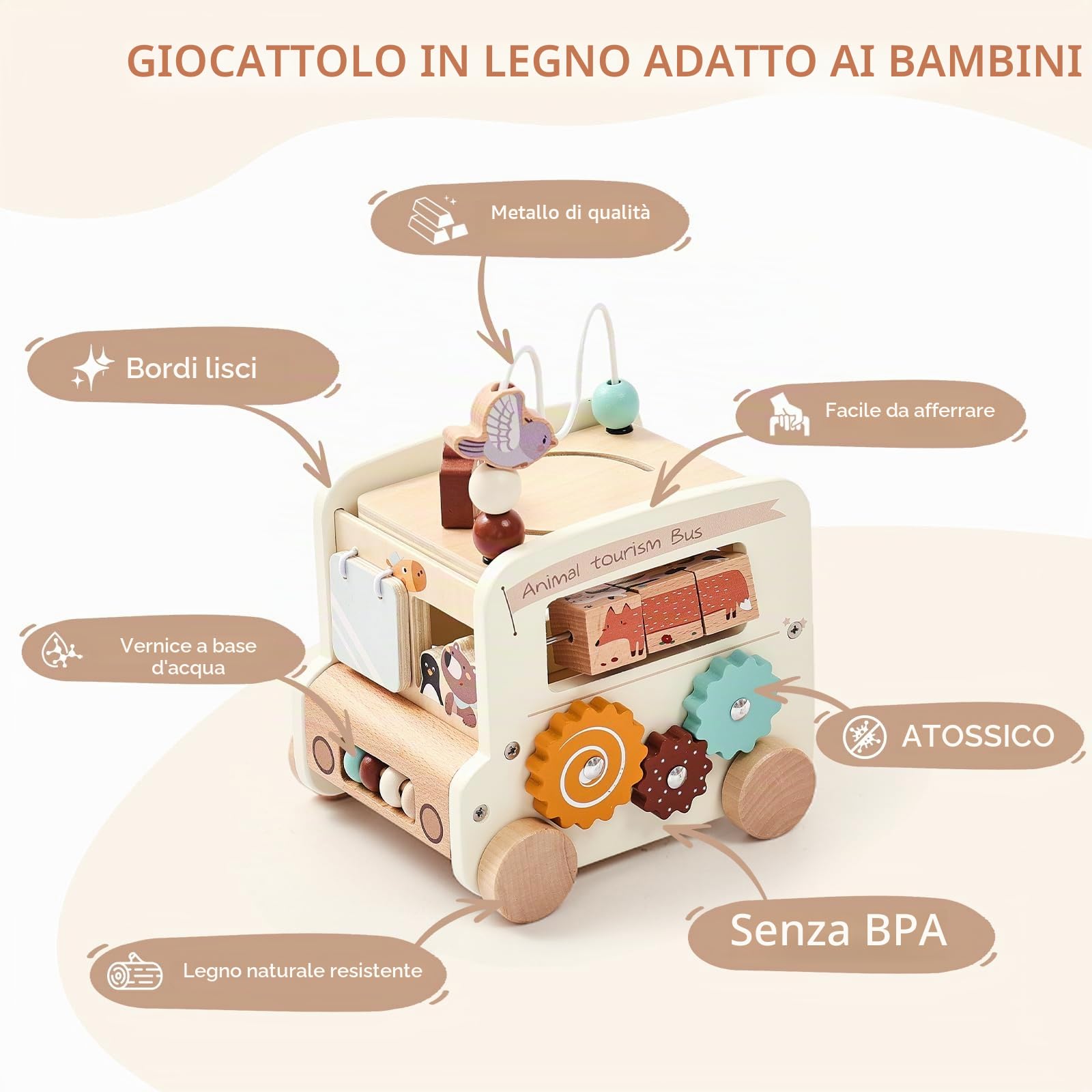 OESSUF Cubo Motore Baby Montessori 9 in 1 Autobus per 12 Mesi di Attività, Giocattolo in Legno per Bambini da 1 Anno, Regalo per Ragazze e Ragazzi