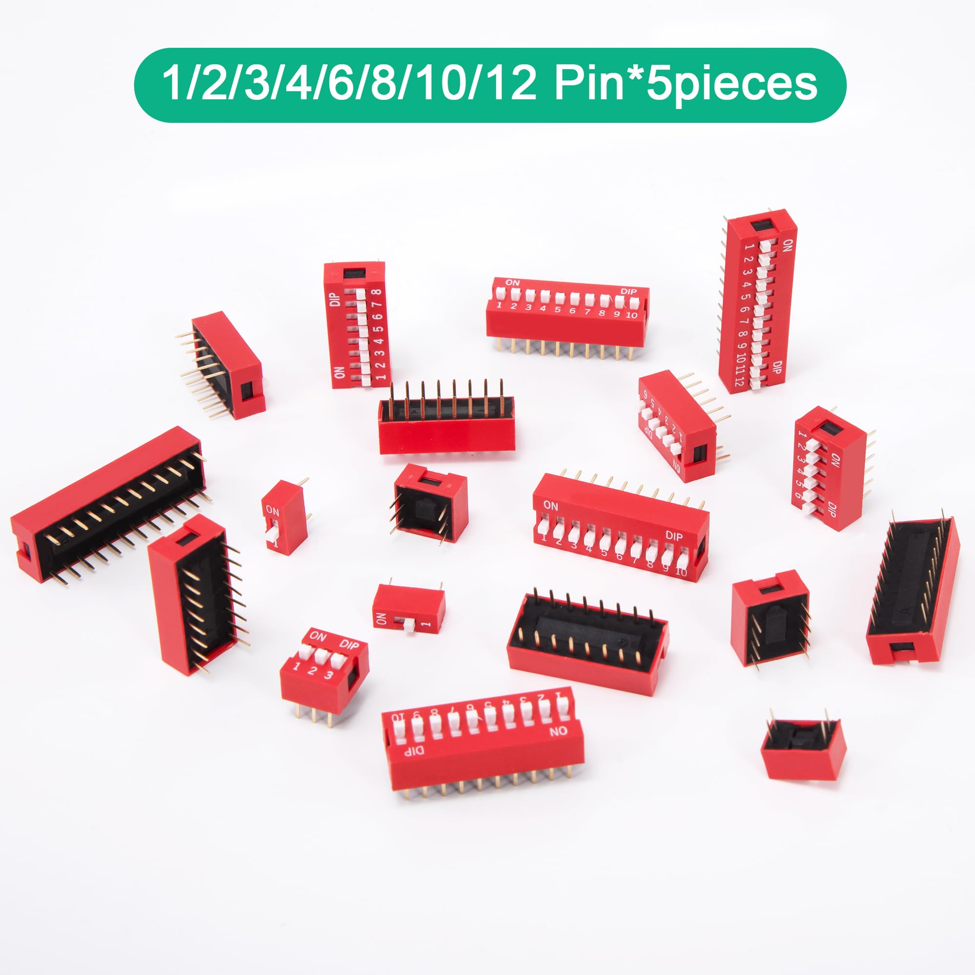 Dip Switch Assortiment Kit – 40 Stuks, 1-12 Pins, 2,54 Mm Pitch, Rood, Voor PCB En Breadboards!