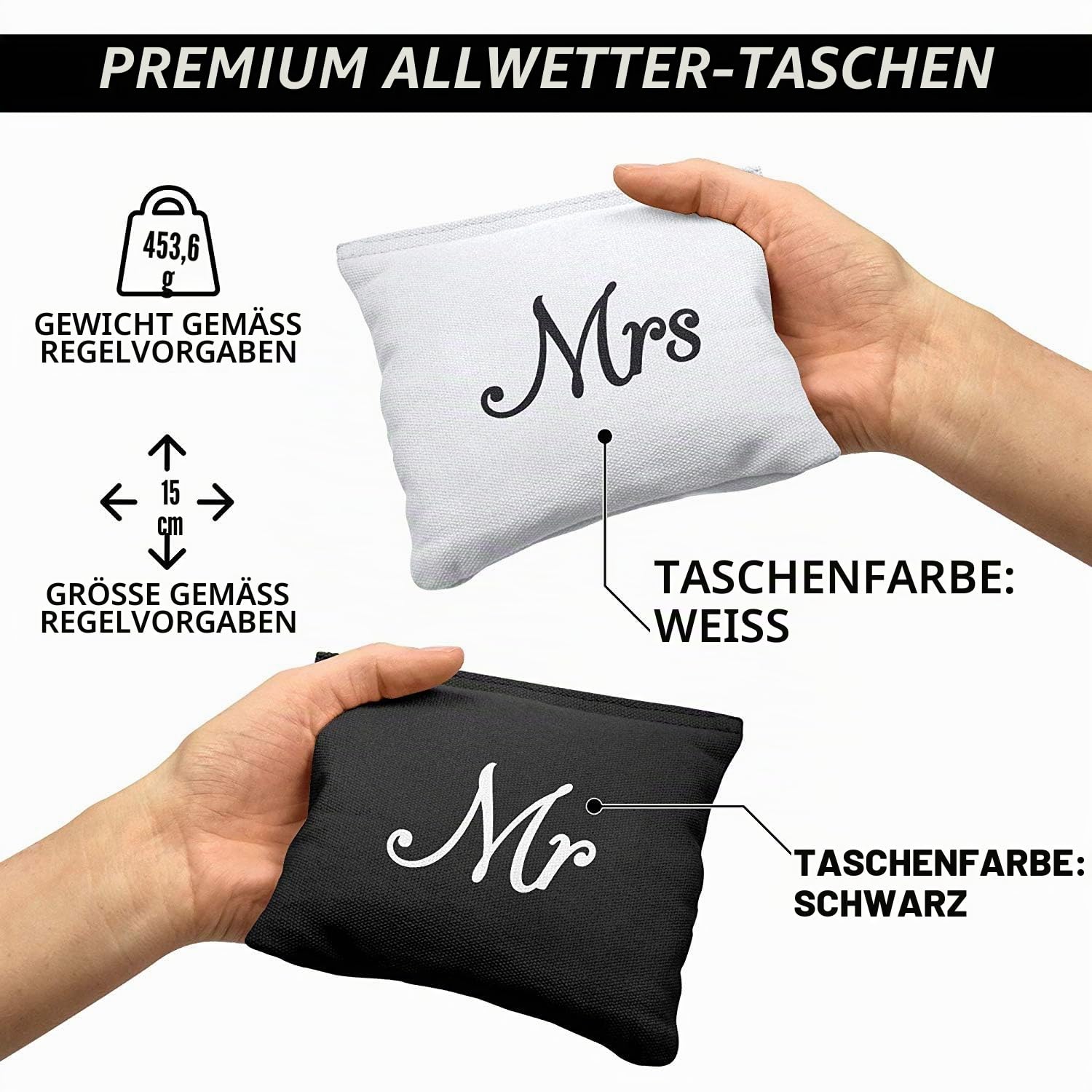 GoSports Zubehör Sitzsack-Set mit Cornhole-Motiv für Hochzeiten, 8 Stück, inkl. 4 schwarzen Mr-Taschen und 4 weißen Mrs-Tüten