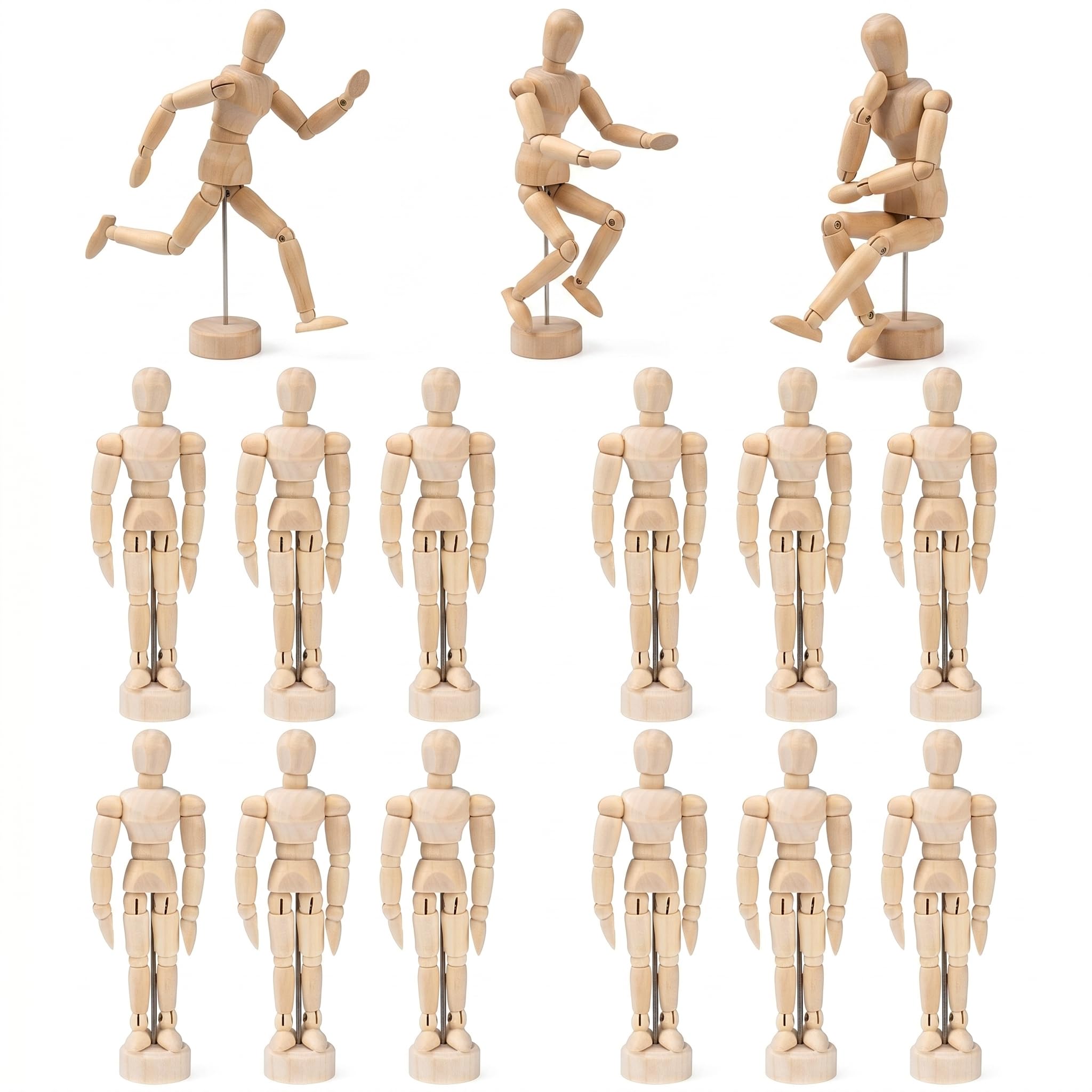 DOITOOL Artists Wooden Manikin, 15 Pack 4.5 Inch Wooden Joints Drawing Mannequin, Artist Manikin with Stand, Flexible Posable Figure Model, Art Anatomy Sketch Props, Jointed Desktop Decoration