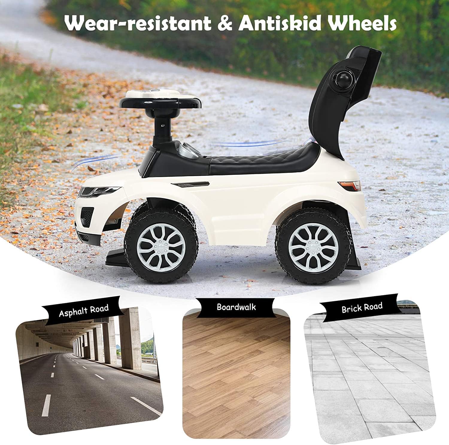 GLACER Push Cars for Toddlers 1-3, 3-in-1 Kids Sliding Car with Detachable Guardrail, Horn, Music, Lights, Storage Box and Anti-Roll Design, Ride on Push Car for Boys Girls(White)