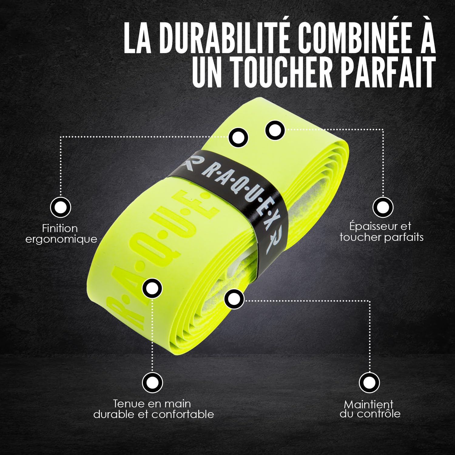 Raquex Lot de 4 Grips de Remplacement en polyuréthane : Tennis, Squash, Badminton. Grip Autocollant. Emballage Cadeau en Carton Recyclable