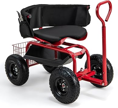 IRONMAX Garden Cart with Seat, Gardening Rolling Stool Scooter with All-Terrain Wheels, Adjustable Steering Handle & Removable Cushion for Planting, Outdoor Gardening Work Seat for Patio, Yard Red