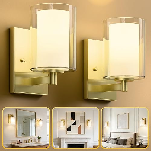 Miniatura 13 de Kalium Juego de apliques de pared de dos piezas, luces de tocador modernas con pantalla de vidrio transparente doble en negro mate para interiores,