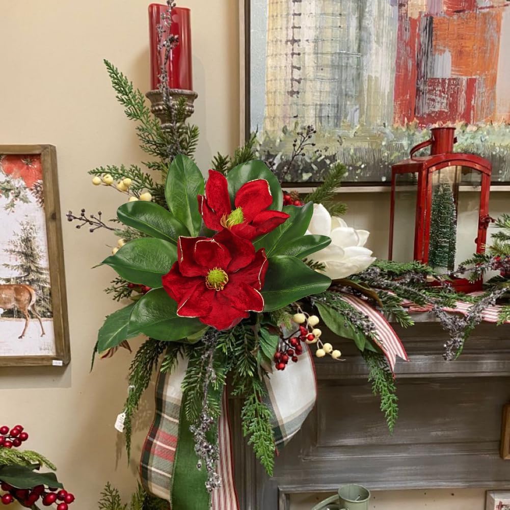 人工マグノリアフラワーステム &ndash; 18.5インチ フェイクバーガンディベルベットマグノリアピック 大きな花付き クリスマス 感謝祭