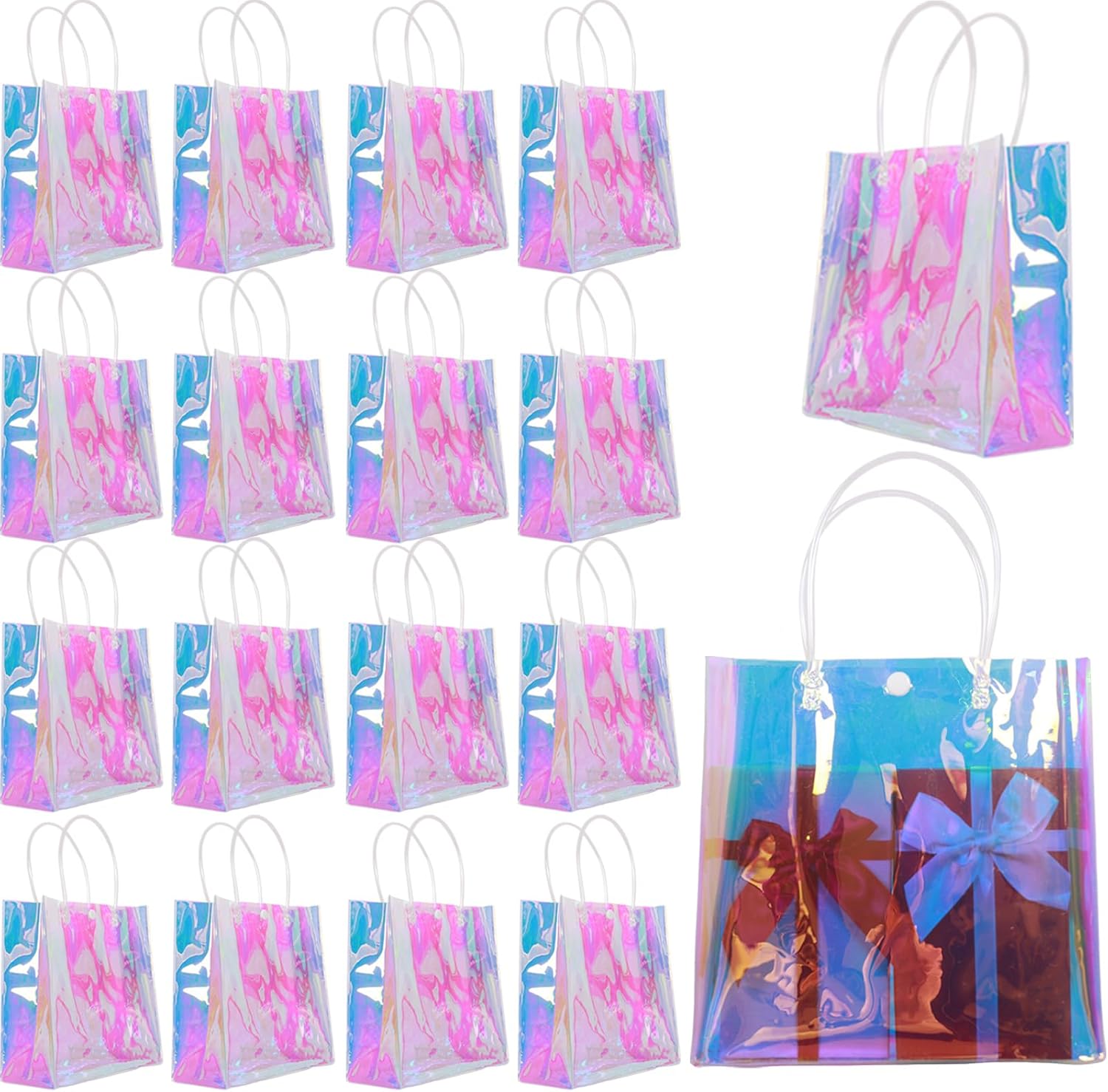 Naisidas 18Pcs Holographic Small Gift Bags 7.9x7.9x3.1 Clear Reusable Iridescent Birthday Gift Bag for Women Girls Bachelorette Party Wedding Christmas with Handle