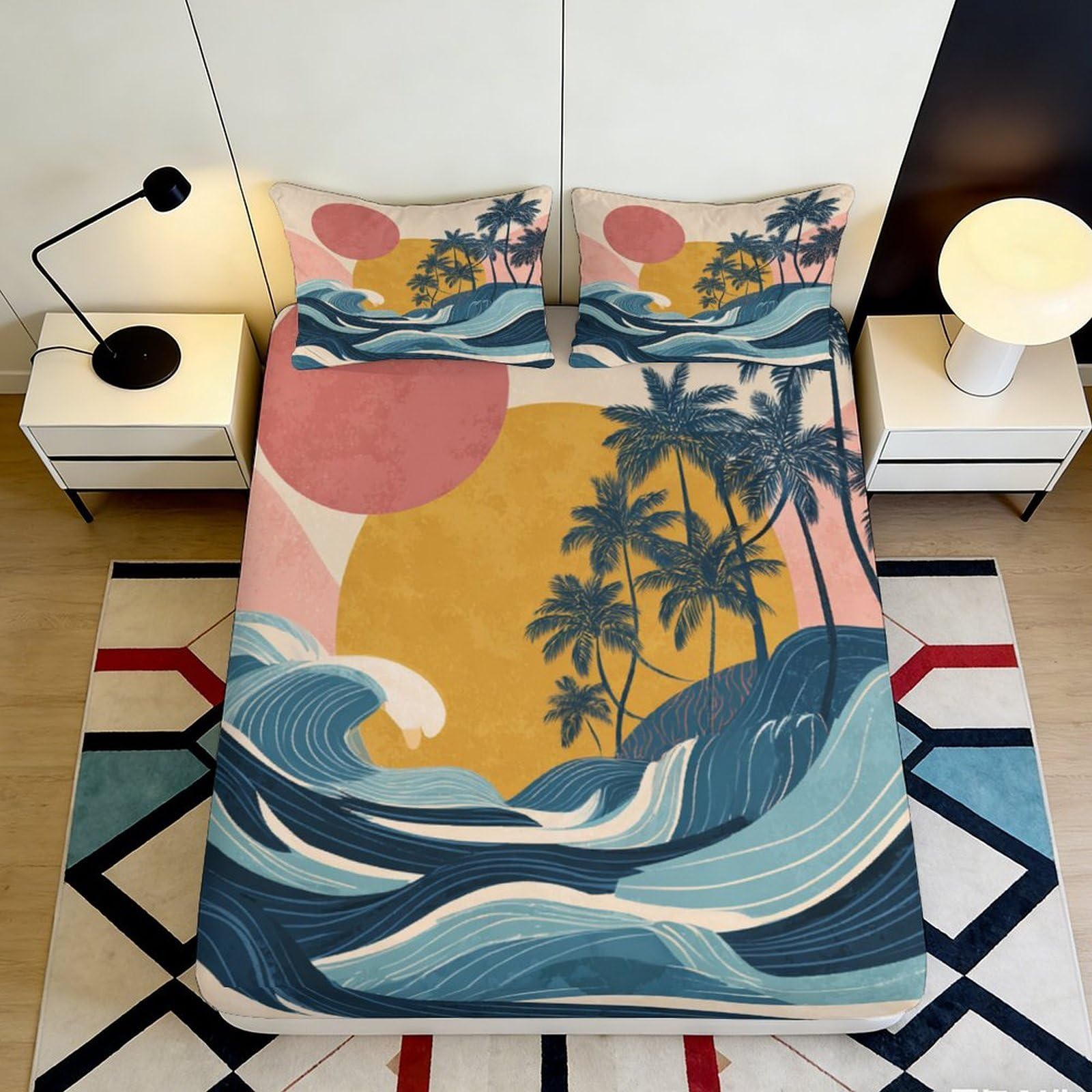 3D Printed Sunset Beach Fitted Sheet Microfiber Tropical Wave Mattress Cover for Bedroom Decor Dorm Easy Care 90x200x25cm