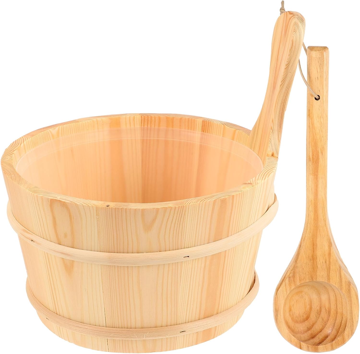 DOITOOL Sauna Wooden Bucket and Bath Scoop Set with Plastic Liner for Home Sauna Accessory with Water Dipper for Steam Room Spa