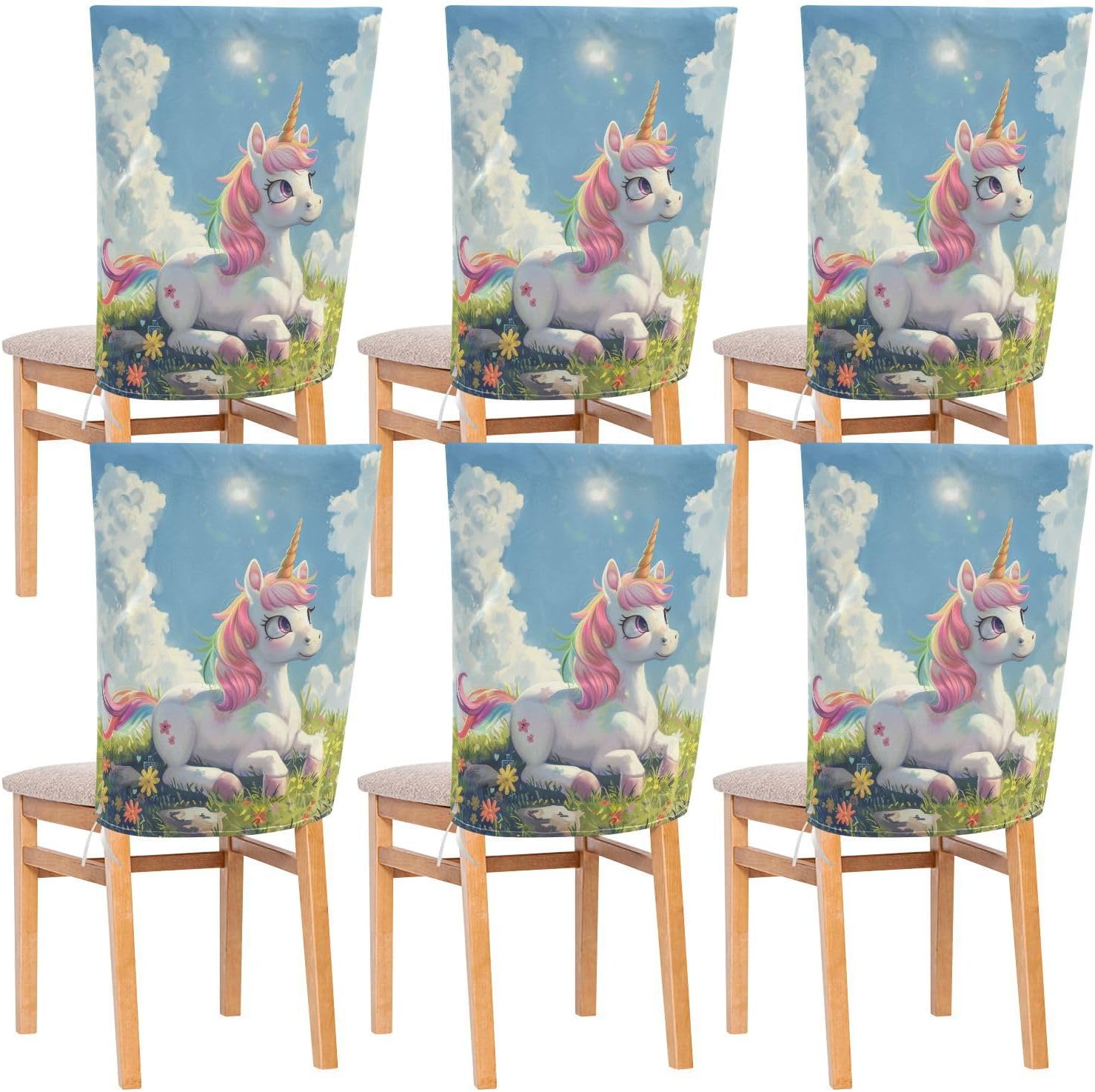 ALAZA Cute Unicorn Flowers Chair Back Cover Set of 6, Washable Reusable Removable Chair Slipcovers Decorative Chair Cover for Home Kitchen Wedding Party