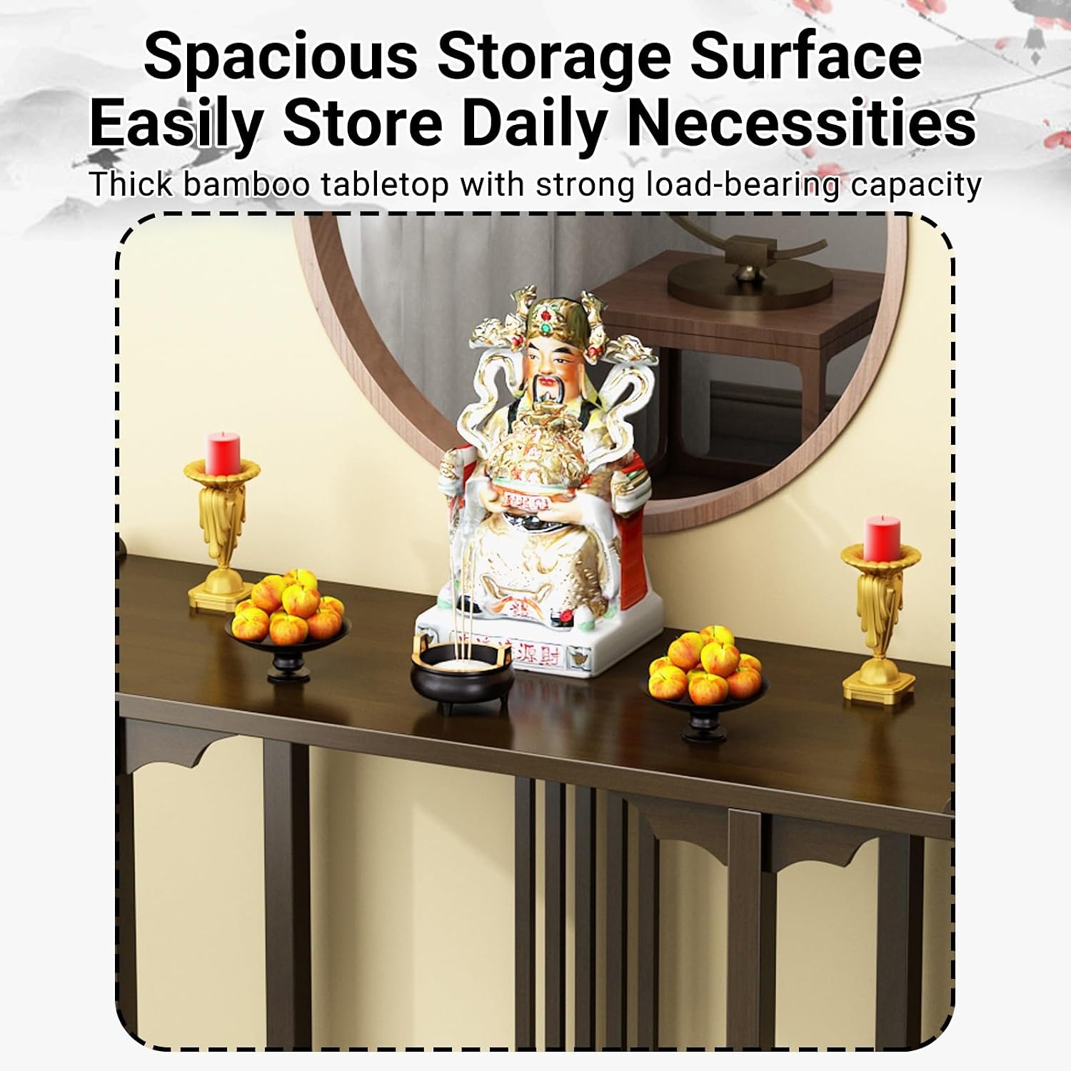 Altar Table with Storage,Bamboo Meditation Altar Table,Chinese Buddhist Temple Buddha Stand,Features Dual-Tiered Open Storage,for Temples and Homes(Walnut Color,80x30x80cm)