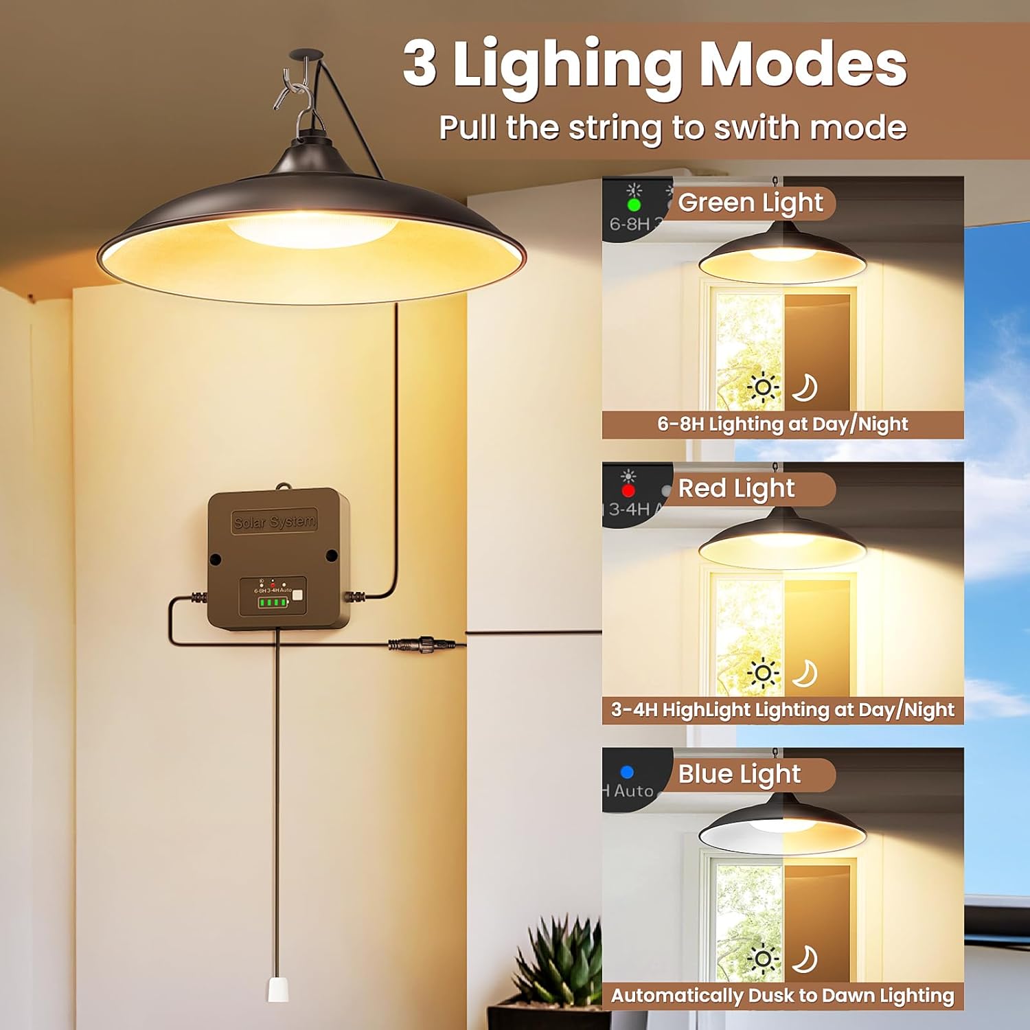 Solar Shed Light Indoor Outdoor, Warm White Daytime Available Pendant Light with Pull String, Dusk to Dawn, 3 Lighting Modes Solar Lights Indoor, IP65 Waterproof for Barn, Gazebo, Shop, Garage