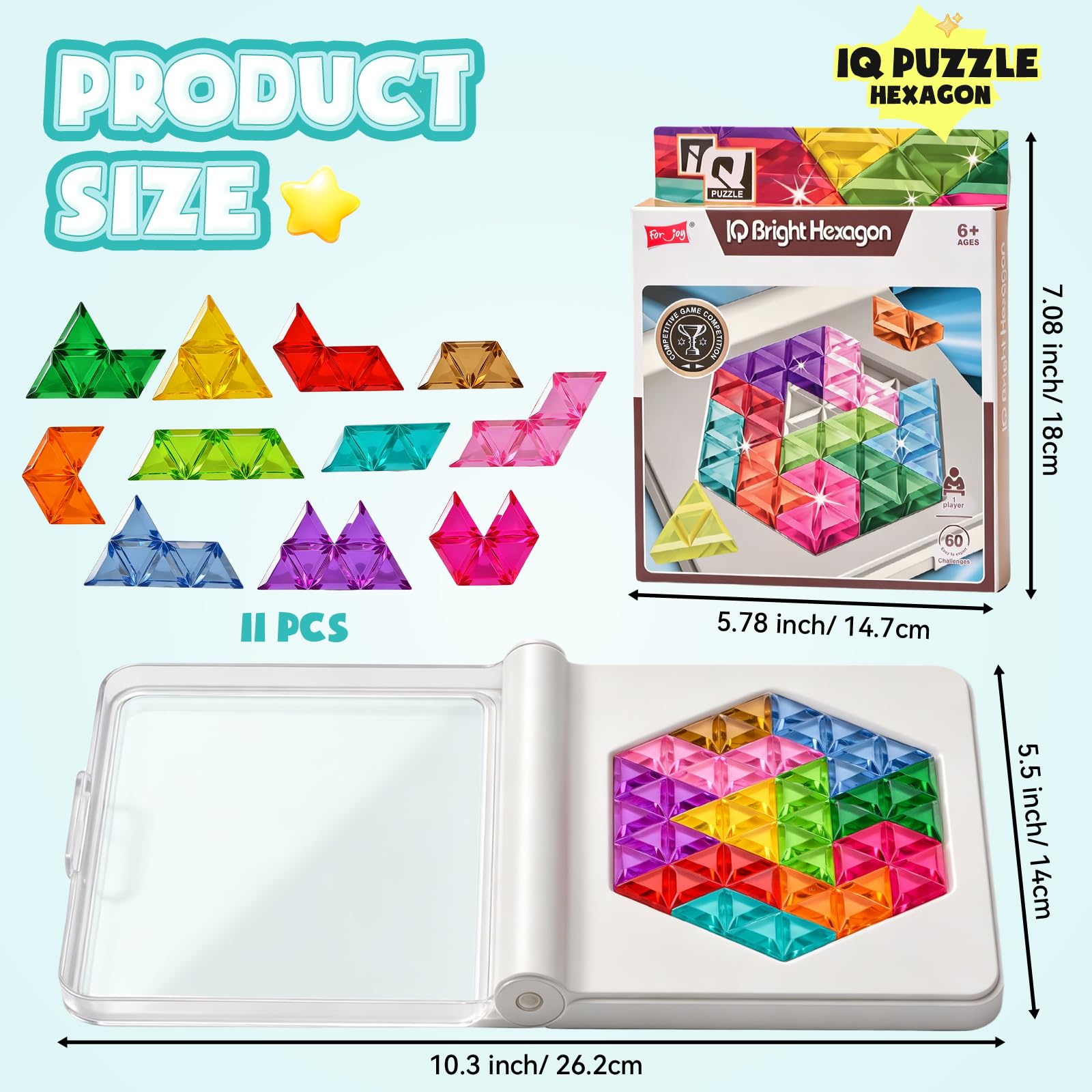 Gioco di posa geometrica, puzzle IQ, sfide progressive e 2 forme (stella/esagonale), pietre lucide colorate come gelatina, portatile, con coperchio e libretto delle soluzioni, per adulti e
