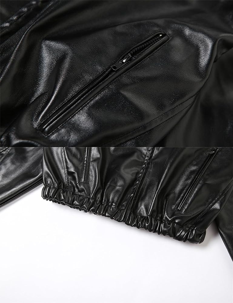 【Sobaq】UB Crop Leather PD ksotutm Women Cropped Faux Leather Jacket Zipper Stitching