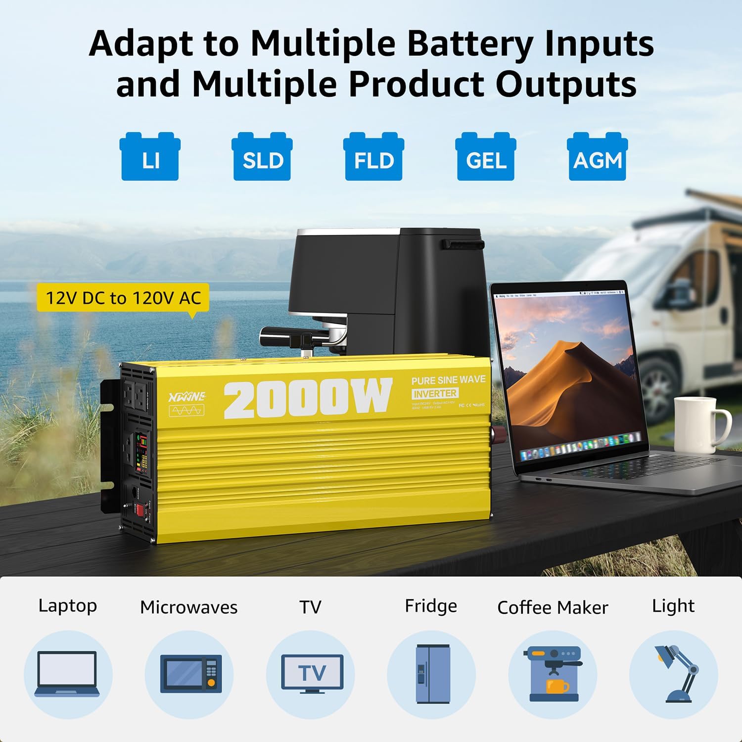 XWJNE 2000W Pure Sine Wave Inverter connected to various battery types and powering multiple devices like laptops, microwaves, TVs, fridges, coffee makers, and lights.