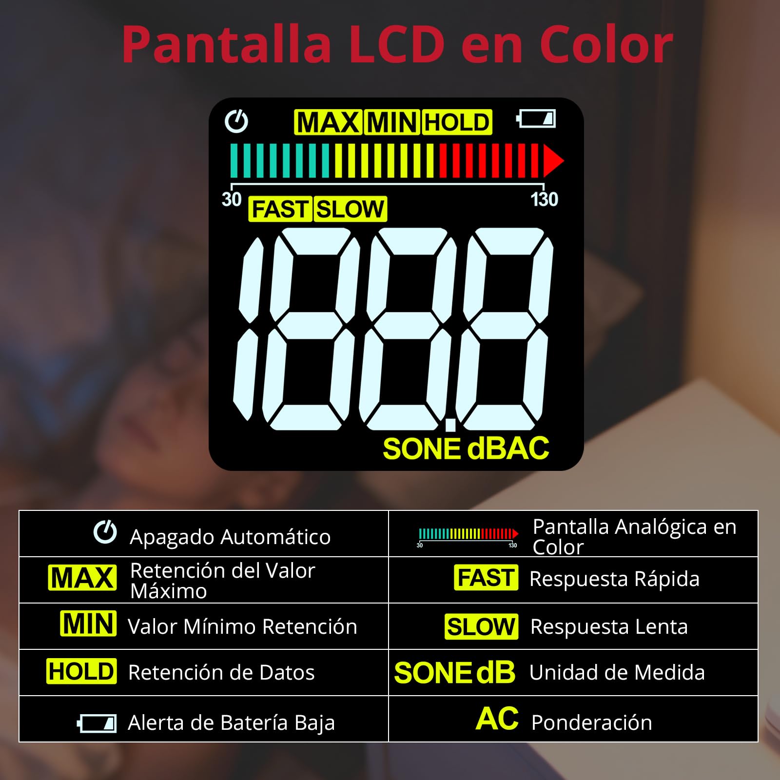 BINTA Medidor Decibelios Decibelímetro Sonómetro Medidor Digital de Nivel de Sonido con A/C Ponderación, Rango 30-130dB,Max/Min, Unidad dB/SONE, Retención de Datos para Casa Oficina Fábrica Vecino