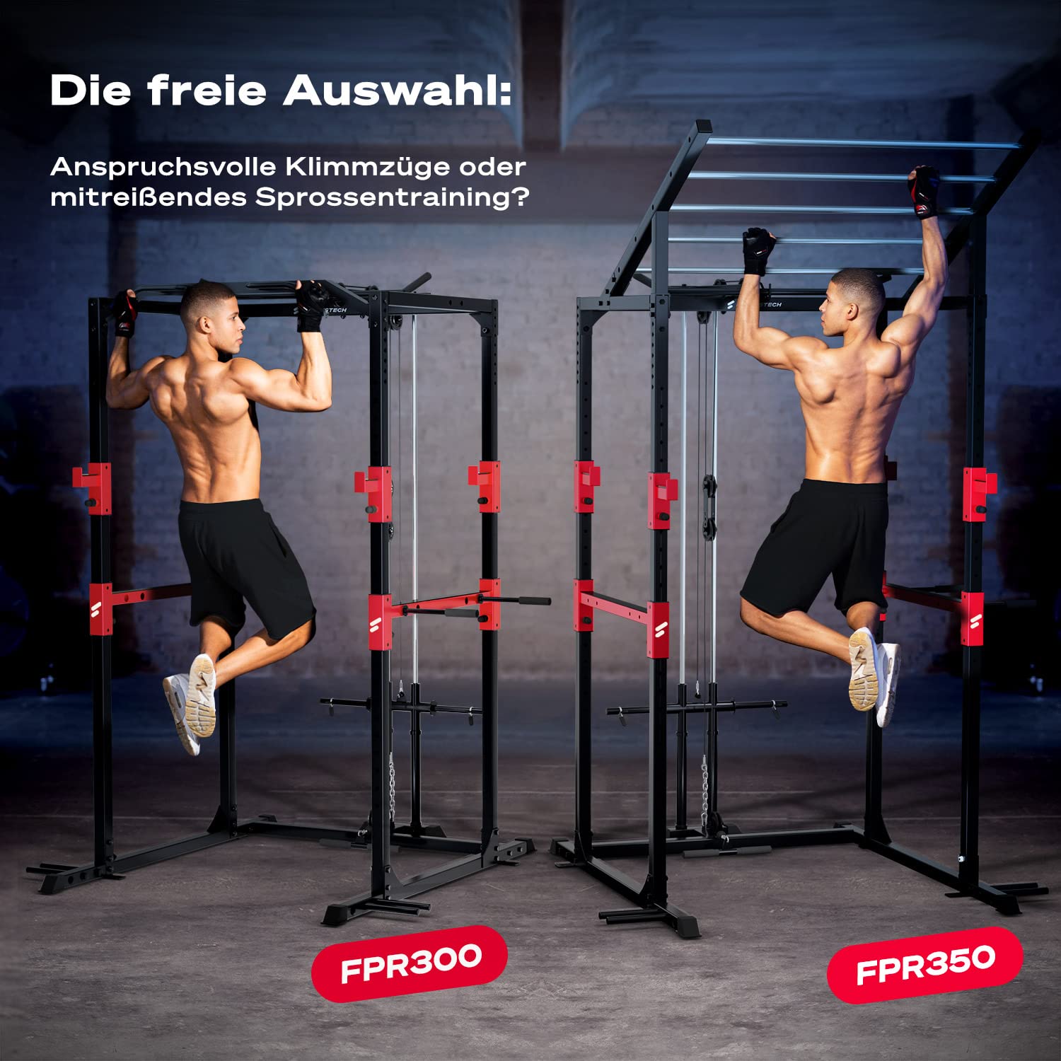 Sportstech Power Rack + Klimmzugstange | Sprossenwand, Squat Rack mit Latzug + 2X Griffe | App mit On Demand Kursen | Station mit Ablage für Langhantel | Kraftstation: Fitness für Zuhause |FPR300/350