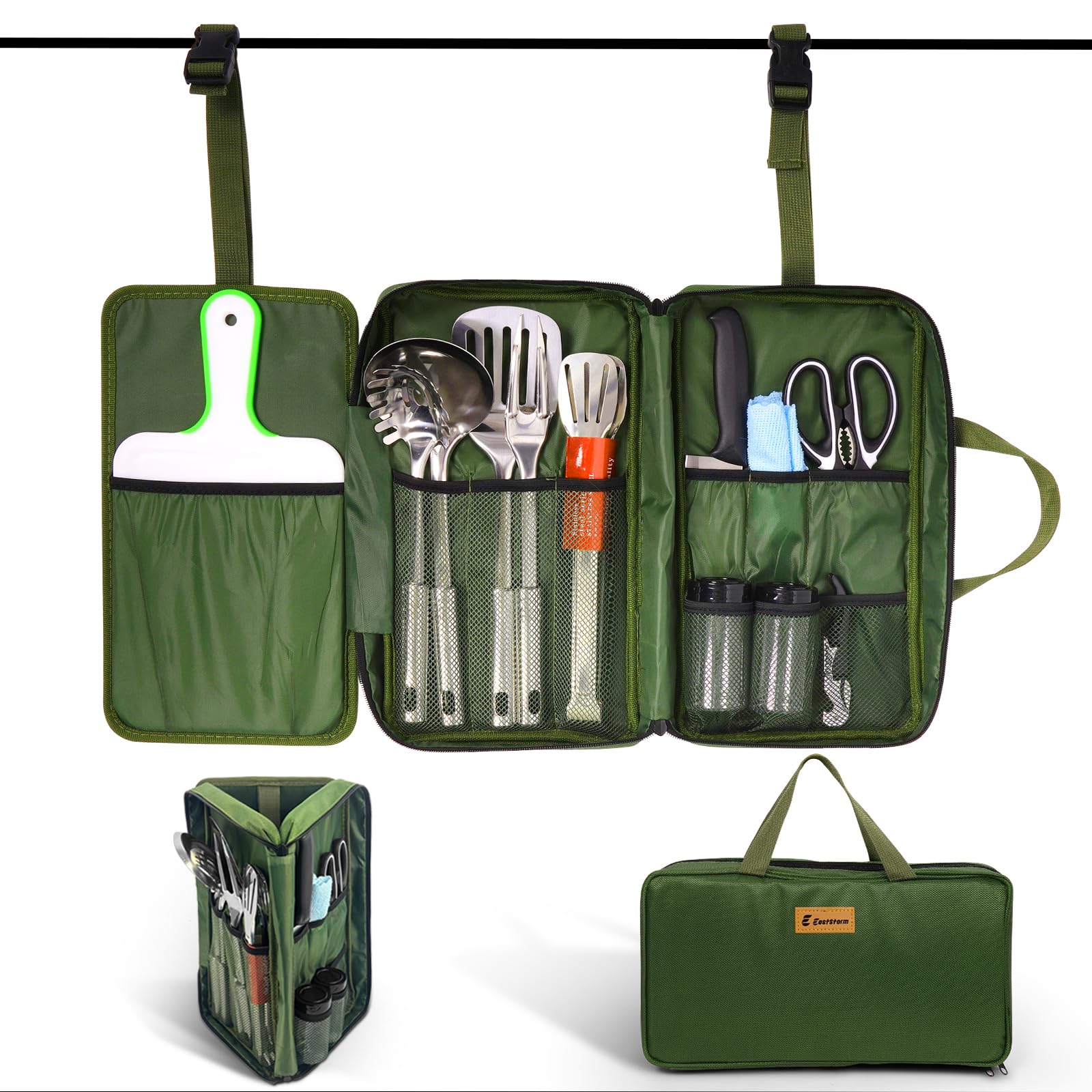 E EASTSTORM Camping Accessories Kitchen Utensil Set,12 Pcs Organizer Travel Kit with Multifunctional Cutlery,Stainless Steel Spoon Spatula,Tongs,Waterproof Storage Bag,Equipment-image-6