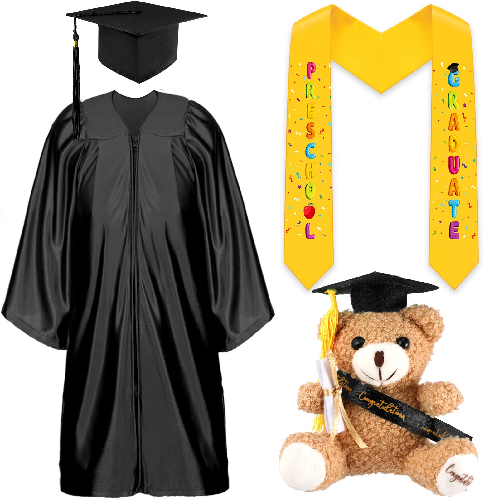 Unittype 4 Pcs Preschool Graduation Gown Cap with Tassel Graduation Stole Stuff Plush Bear Set for Kids Graduation Gifts (Black)