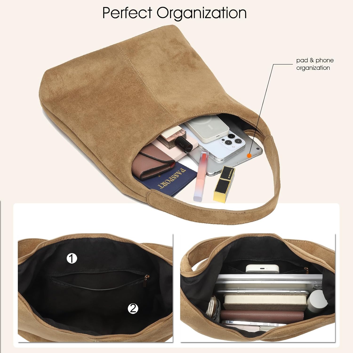 Slouchy Suede Hobo bag for Women Casual Shoulder Bag Soft Cresent Tote Purse Handbag Work Travel