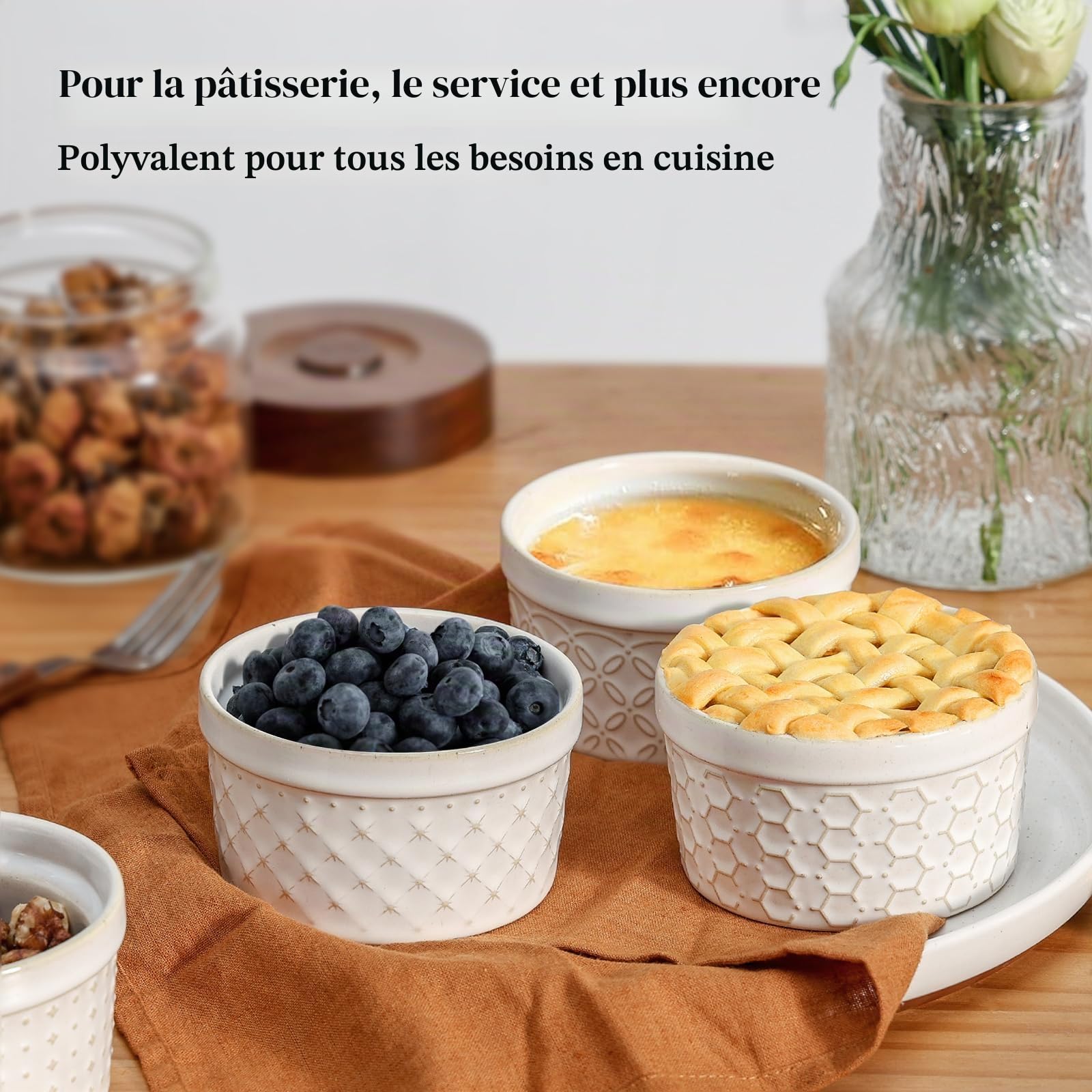 DOWAN Lot de 6 ramequins en porcelaine avec couvercles pour crème brûlée - 230 ml - Passe au four - Pour desserts, cocottes et sauces