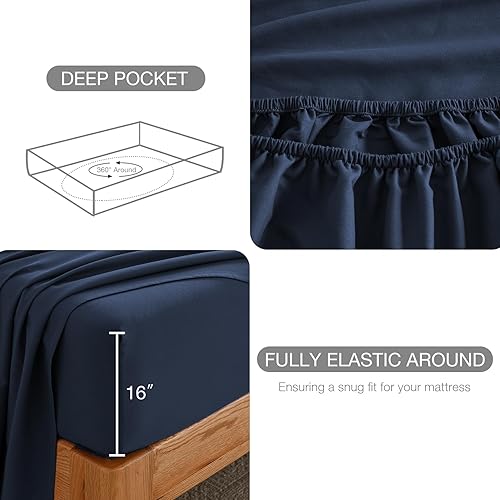 Miniatura 4 de Juego de sábanas de tamaño matrimonial, color azul marino, sábanas bajeras y fundas de almohada, 4 piezas de microfibra suave y refrescante para