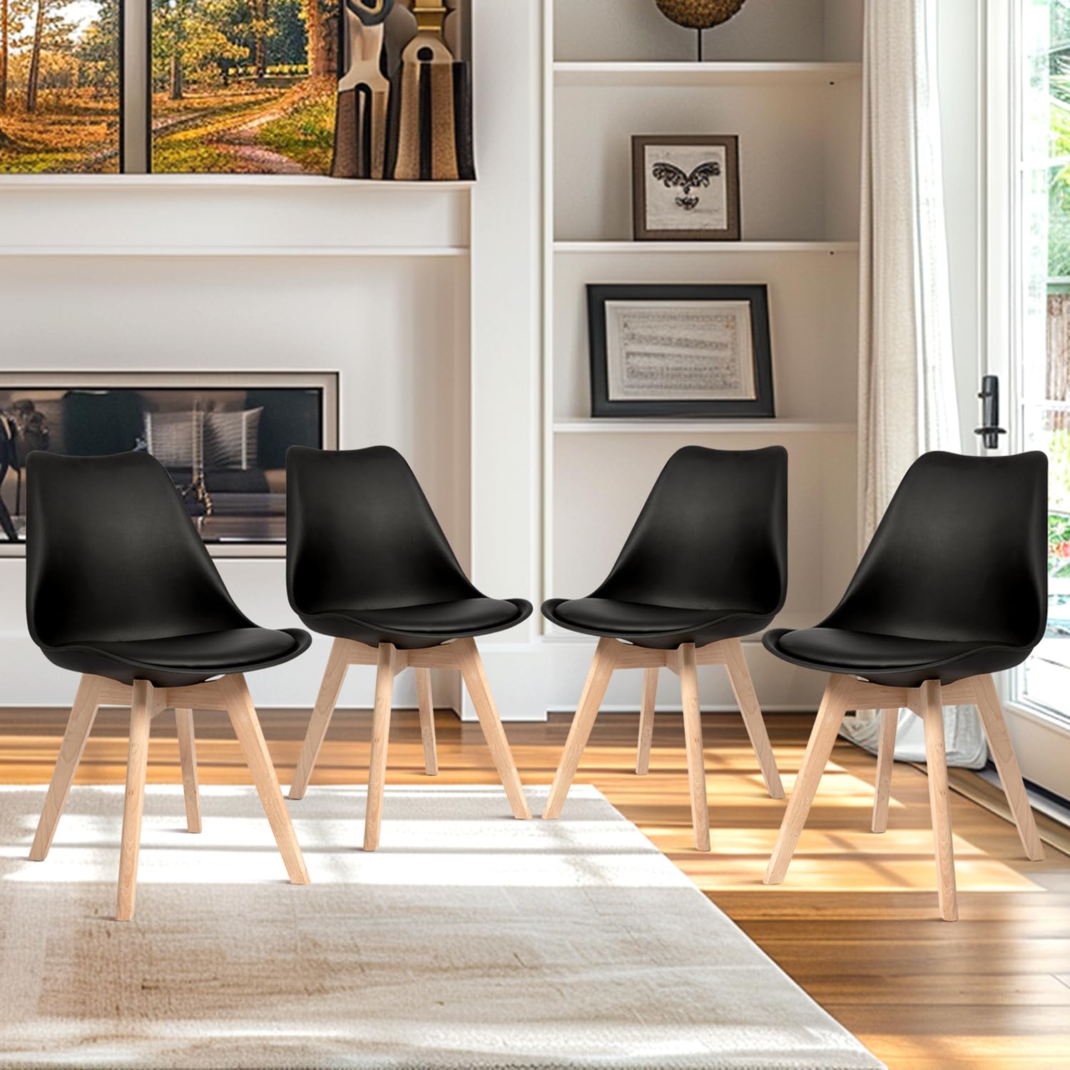 CangLong Set di 4 sedie da ufficio con gambe in legno massiccio di faggio, sedie imbottite dal design retrò del Mid Century per la cucina, la sala da pranzo e il soggiorno, nero