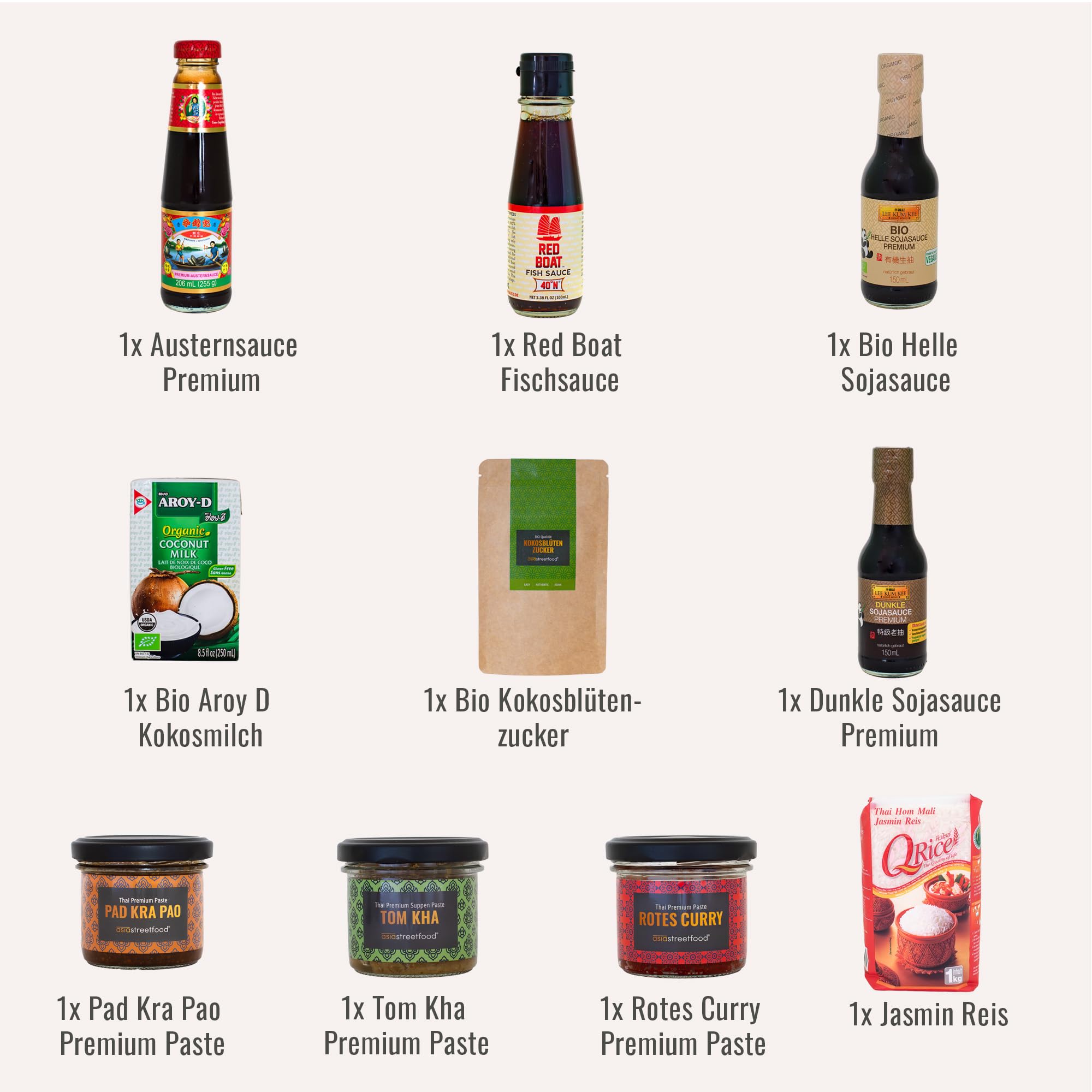 asiastreetfood Thai Curry Kochbox – Asia-Box mit Zutaten in Bio-Qualität & Rezeptkarten für 3 thailändische Gerichte – Für Pad Krapao, Rotes Curry & Tom Ka Gung – Asia-Geschenkset für Kochliebhaber