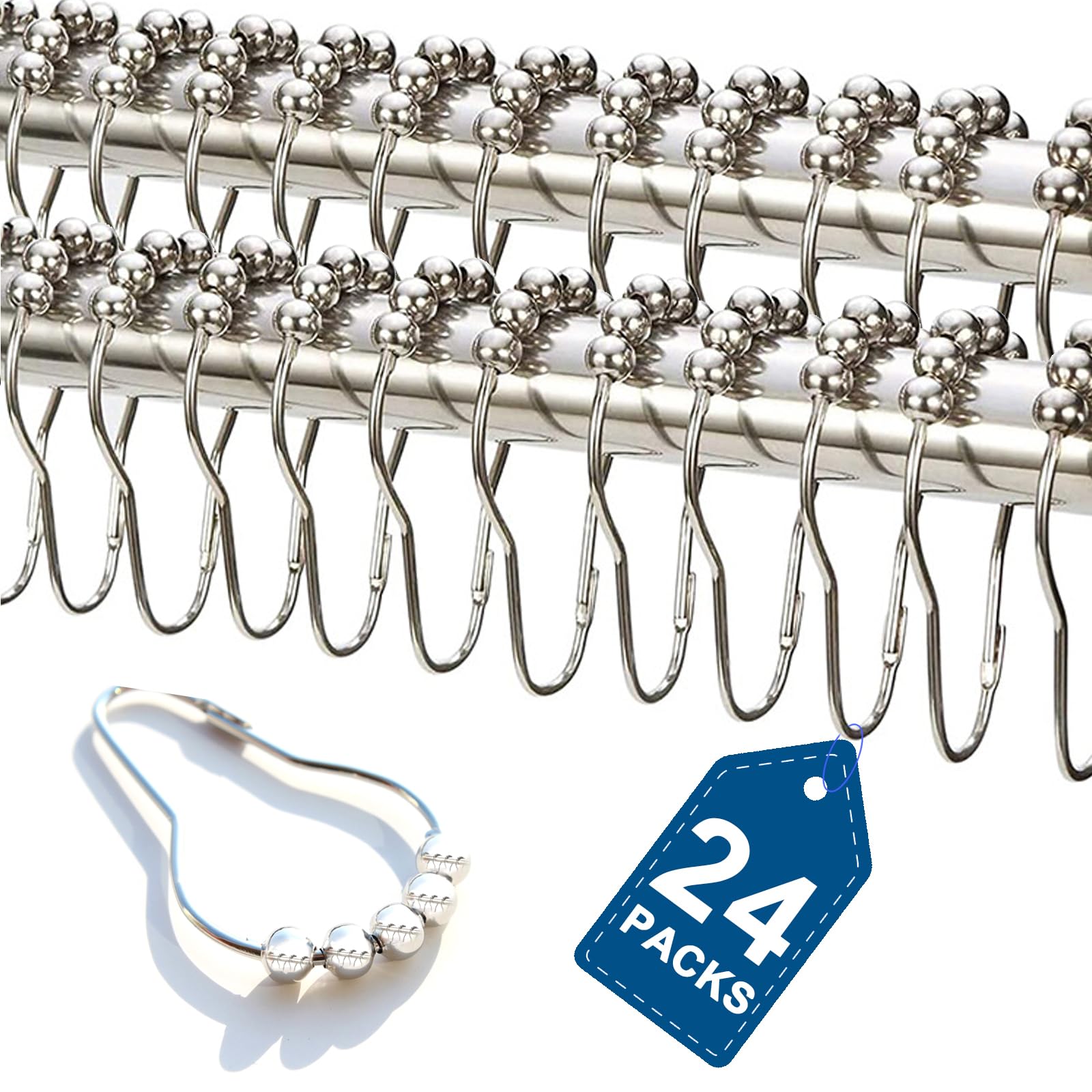 24PCS Stainless Steel Shower Curtain Hooks Rust Proof, Shower Curtain Rings Polished Nickel, Heavy Curtain Rod Rings for Bathroom, Durable Bathroom Decor Hooks Chrome Silver