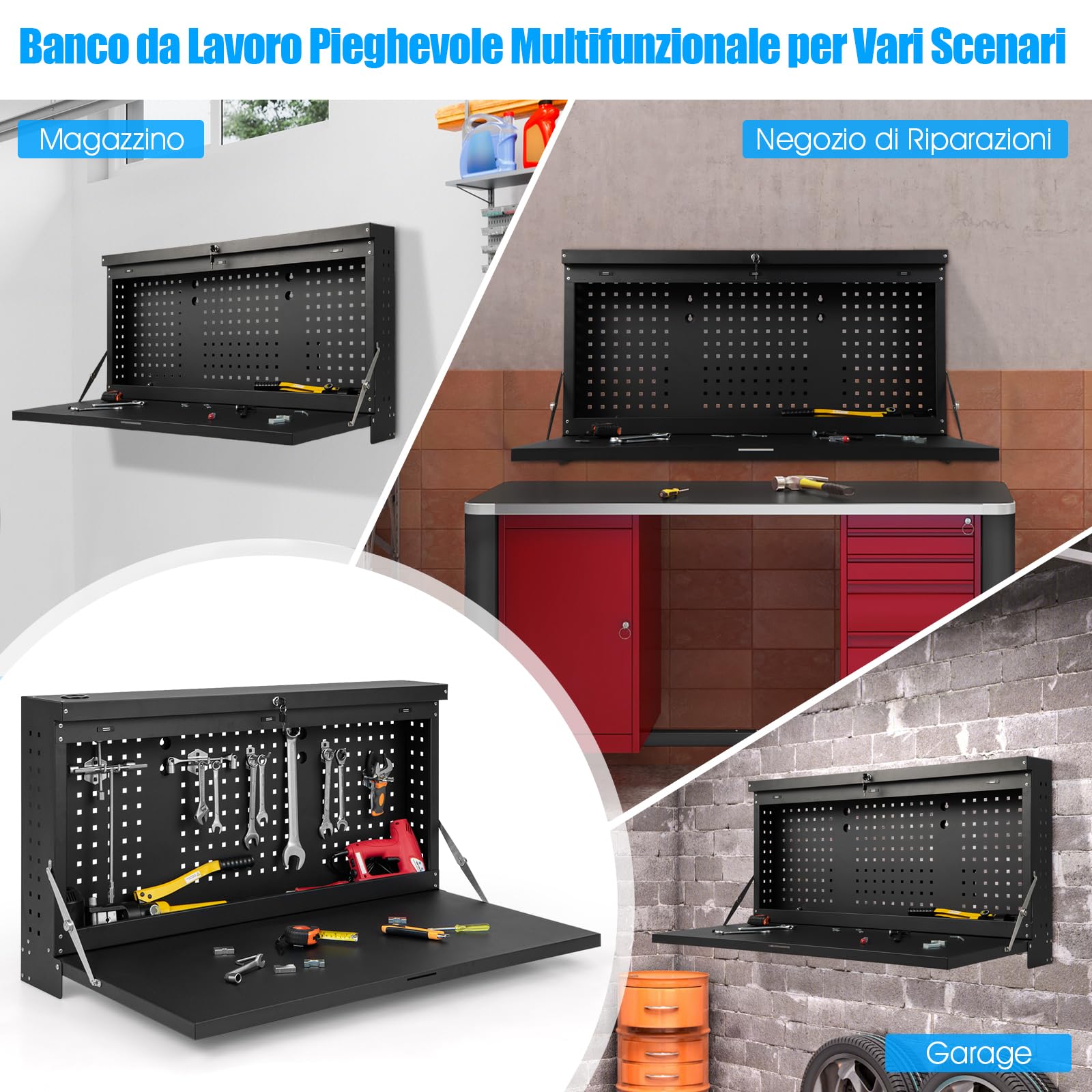 COSTWAY Banco da Lavoro Pieghevole a Parete, Organizzatore 2 in1 con Pannello Portautensili e Piano Spazioso, Tavolo da Lavoro Appeso per Garage, Magazzino, Officina, Nero