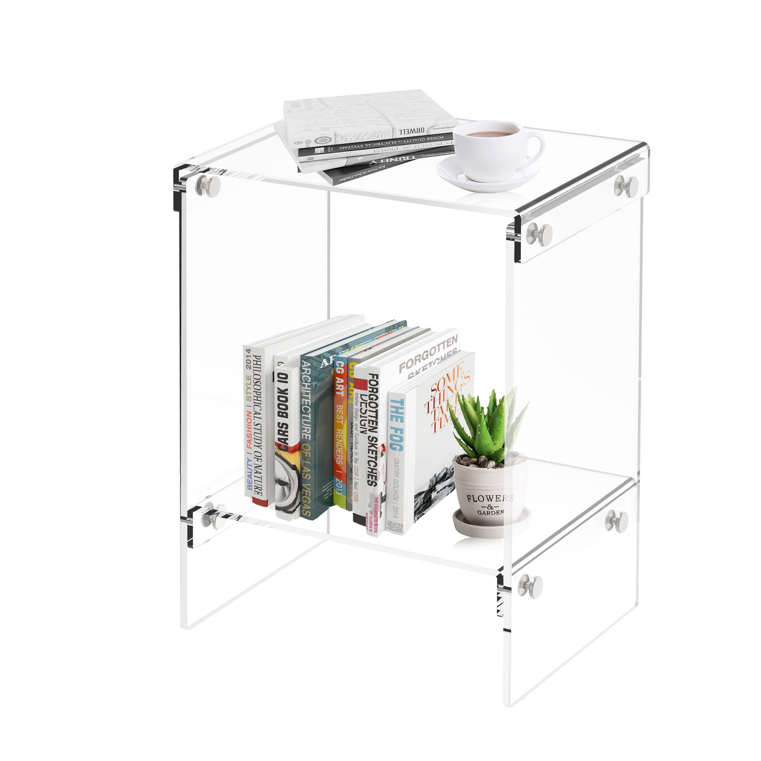WAHFAY Clear Acrylic Side Table, 2Tier Lucite End Tables 18" Lx 12" W