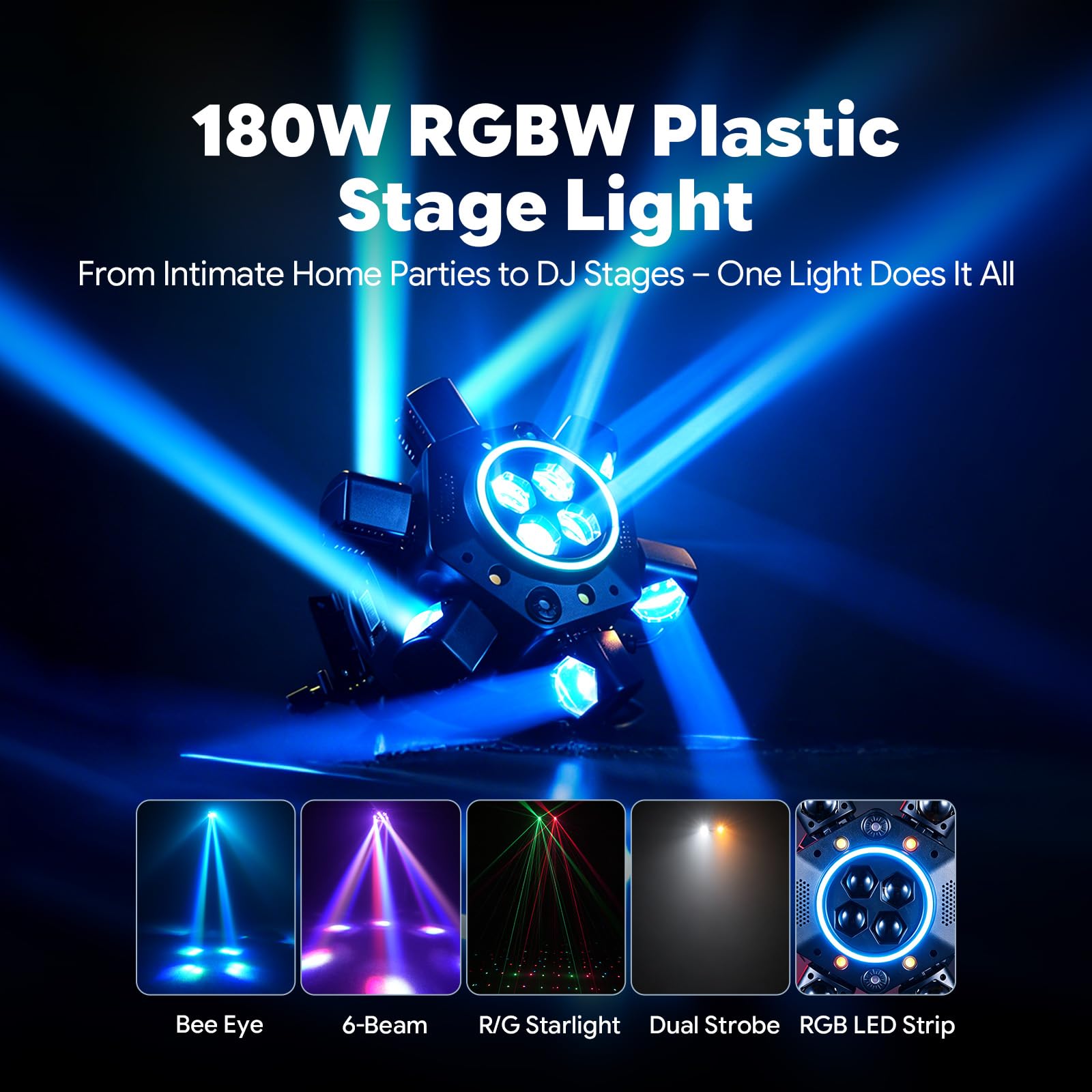 180W Cabeza Móvil RGBW LED Beam Moving Head con Control Remoto,6 Brazos DMX512 Luz DJ Escenario,Luz Discoteca Focos de Efecto para Fiesta Club Bar Boda Halloween Iluminación de Escenario