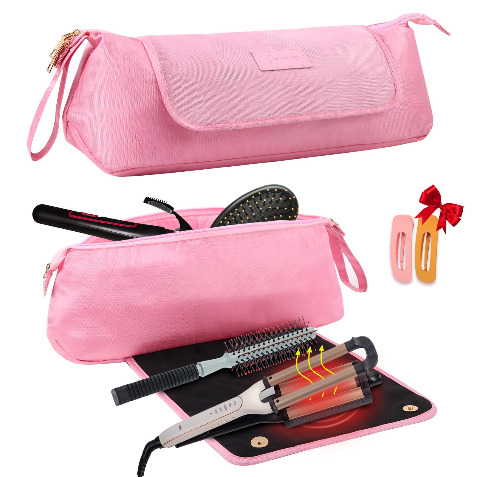 Große Haarwerkzeuge Reisetasche mit hitzebeständiger Matte für Glätteisen, Lockenstab, Haarpflegezubehör, Haarstyling-Werkzeugtasche mit Silikonmatte und hochtemperaturbeständigem Stoff