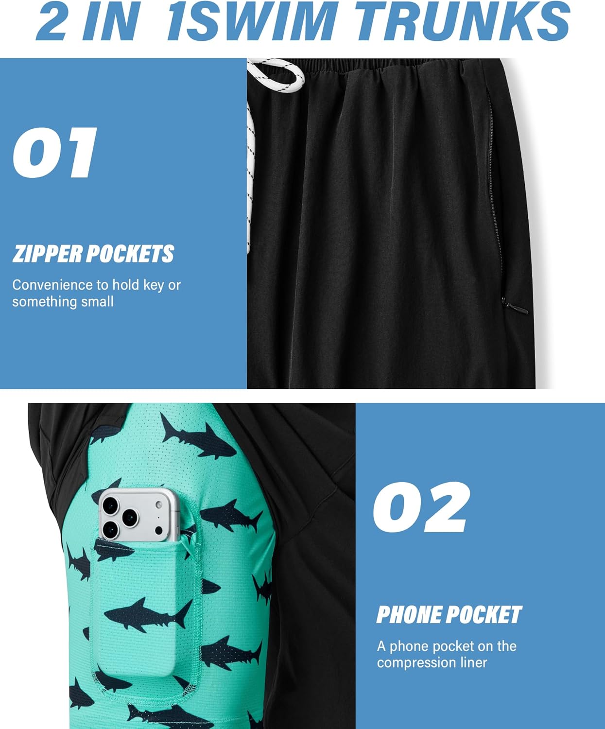 7inch Mens Swim Trunks: 2 in 1 with Compression Liner Stretch Quick Dry Drawstring Shark Pockets Beach Pool Vacation - Image 2